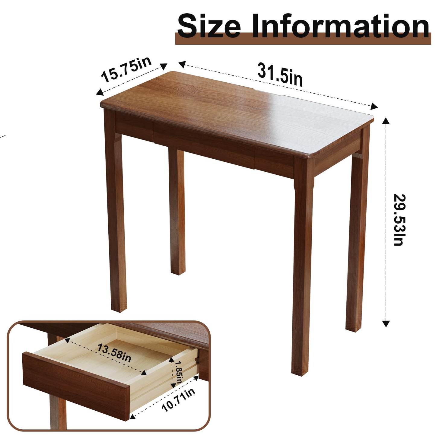 Love-KNPTUS Solid Wood Desk with Drawers - 31.5" Narrow Desks for Small Spaces, Mid Century Modern Desks, Small Wooden Vintage Computer Writing Desk, Study Table for Home Office Bedroom, Walnut