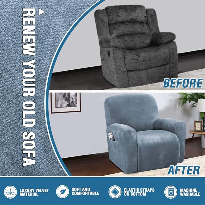 H.VERSAILTEX Velvet Stretch Recliner Couch Covers 4-Pieces Style Recliner Chair
