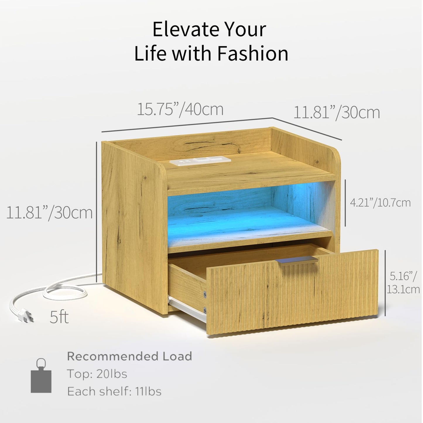 Veegle Floating Nightstand with Charging Station and LED Lights (Yellow Oak)