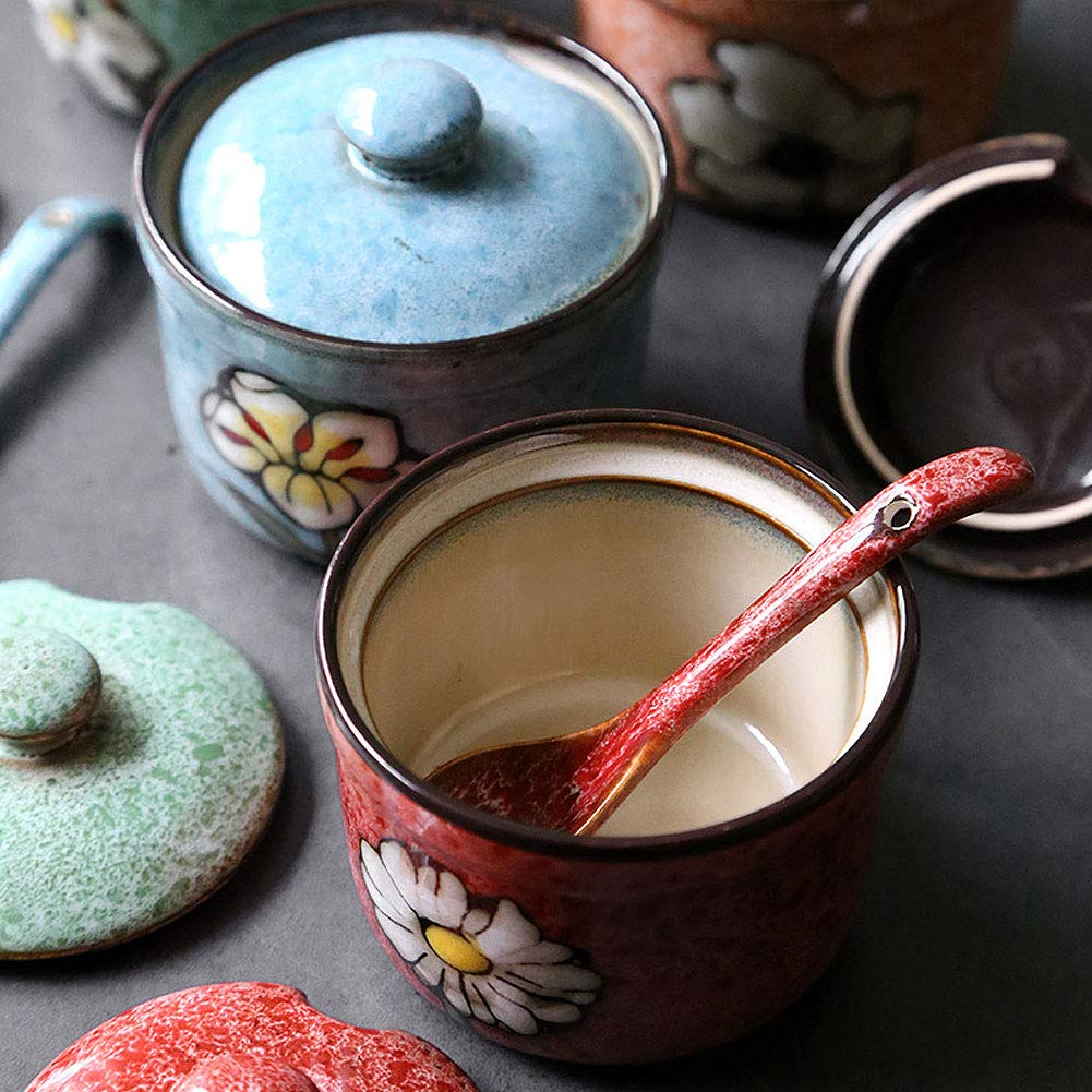 VanEnjoy Retro Hand Painted Flower Ceramic Round Sugar Spice Containers Porcelain Jar with Spoon Round Condiment (blue)