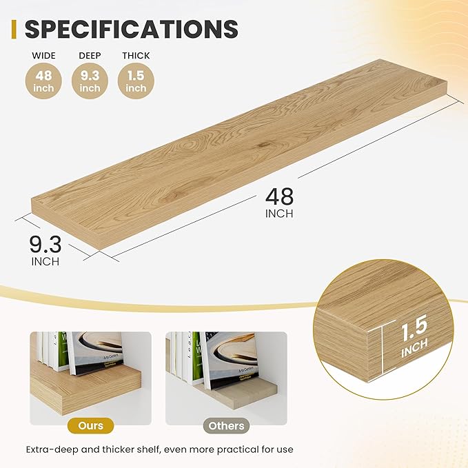 Acovy 48 Inch Floating Shelves, 9.3" Deep Floating Shelf Wall Mounted, Rustic