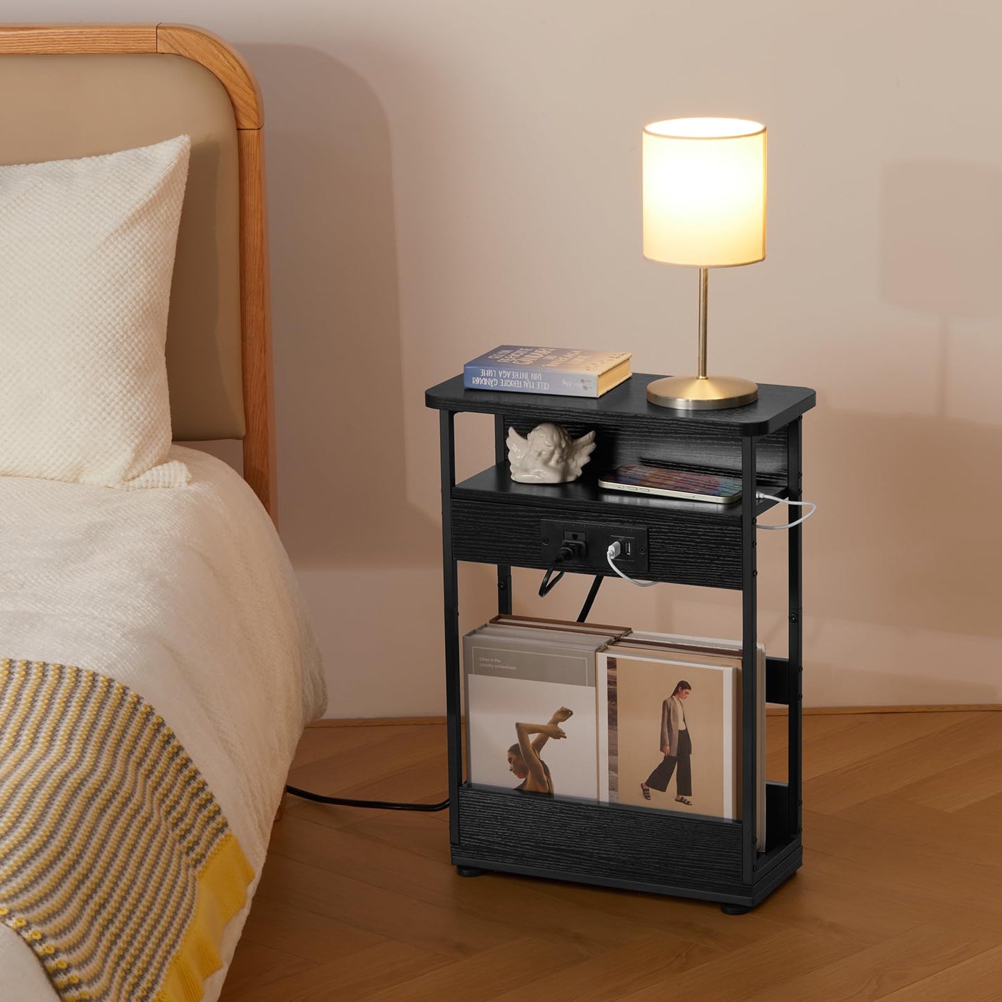 YEAKOO Narrow Side Table with Charging Station, 3-Tier End Table with 2 USB Ports & Power Outlets,Thin Sofa Side Table for Narrow and Small Spaces, Bedside Table Nightstand for Living Room,Black