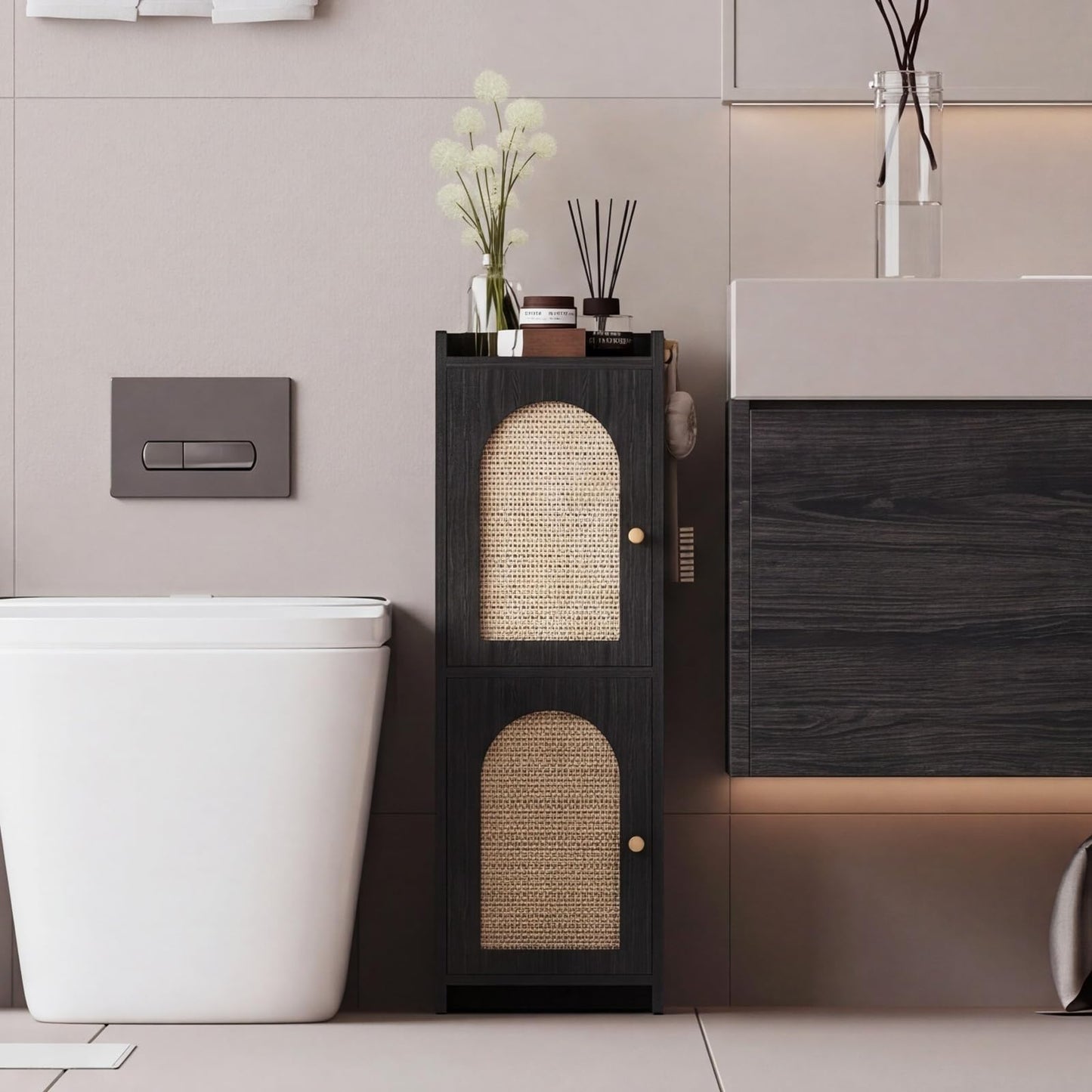 Rattan Bathroom Storage Cabinet,Corner Floor Cabinet with 2 Doors and Adjustable Shelf, Narrow Toilet Paper Cabinets with 2Hooks,Toilet Organizer for Small Spaces,7.87"D*9.84"W*29.72"H（Black）