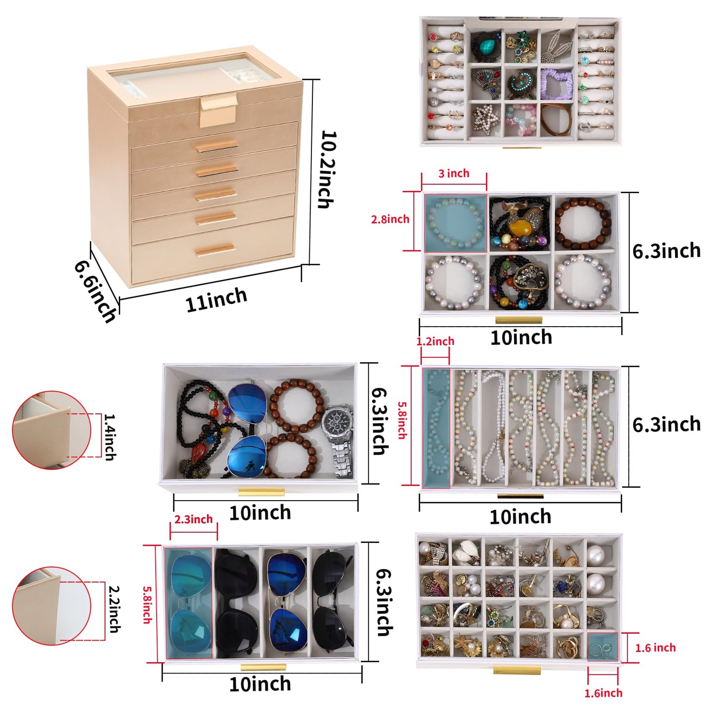 BOOVO Jewelry Boxes for Women, White and Black 6 Layer Large Jewelry Box for Necklace, Bracelet, Earrings, Rings Storage, Jewelry holder Organizer for Girls Gift (Gold, 6 layer)