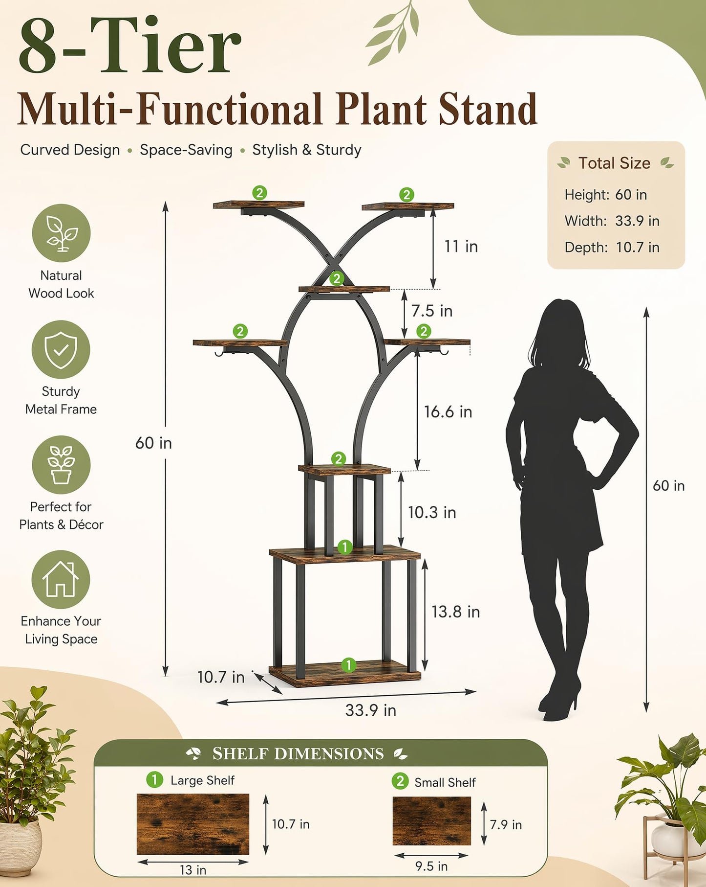 Elbourn 8 Tiered 60" Tall Plant Stand Indoor Shelf with Grow Lights (Brown)