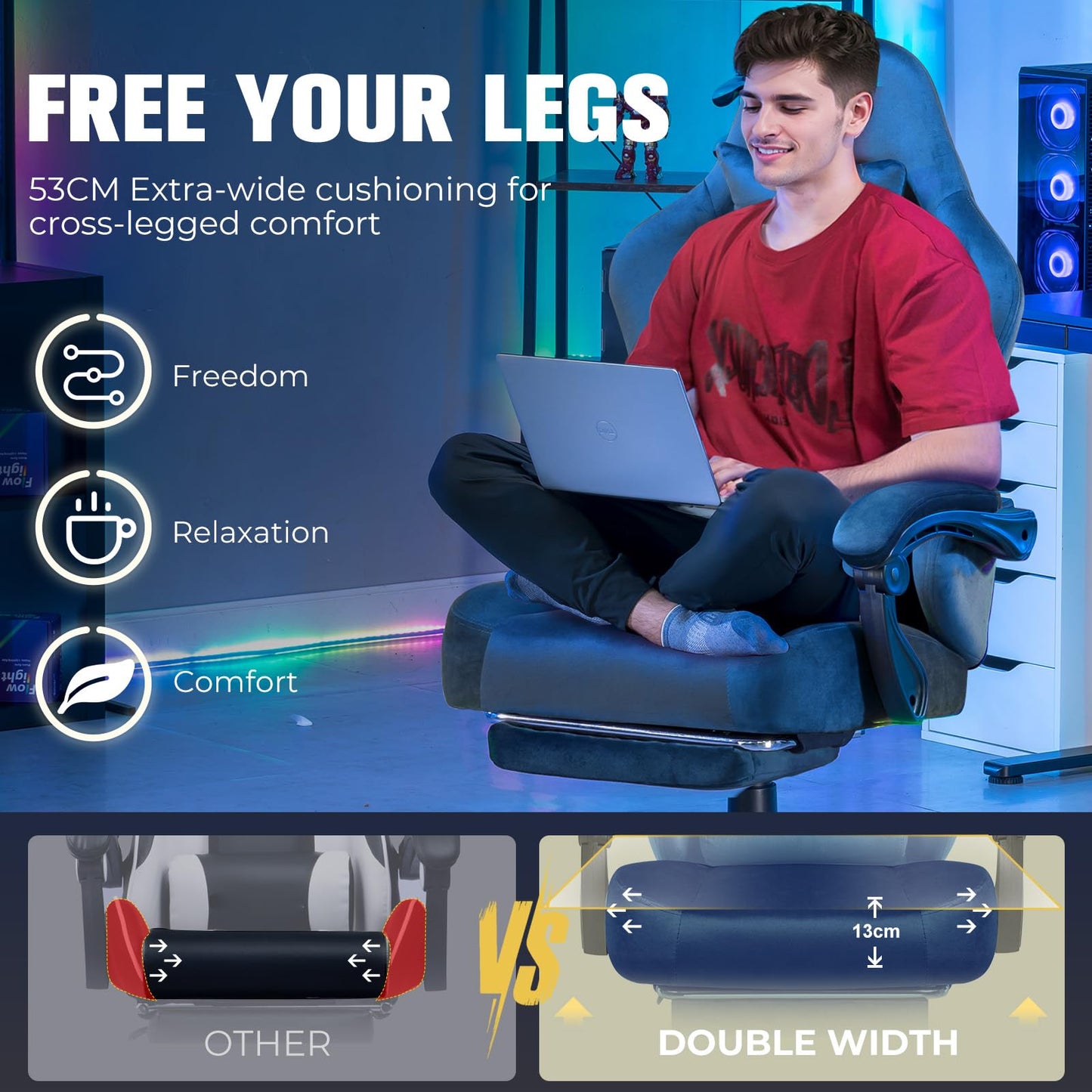 GTPLAYER Big and Tall Gaming Chair 400lbs Heavy Duty Office Chair with Foot Rest, High Back Pocket Spring Ergonomic Computer Chair for Adults, Wide Comfy Seated Cushion with Linkage Armrests, Blue