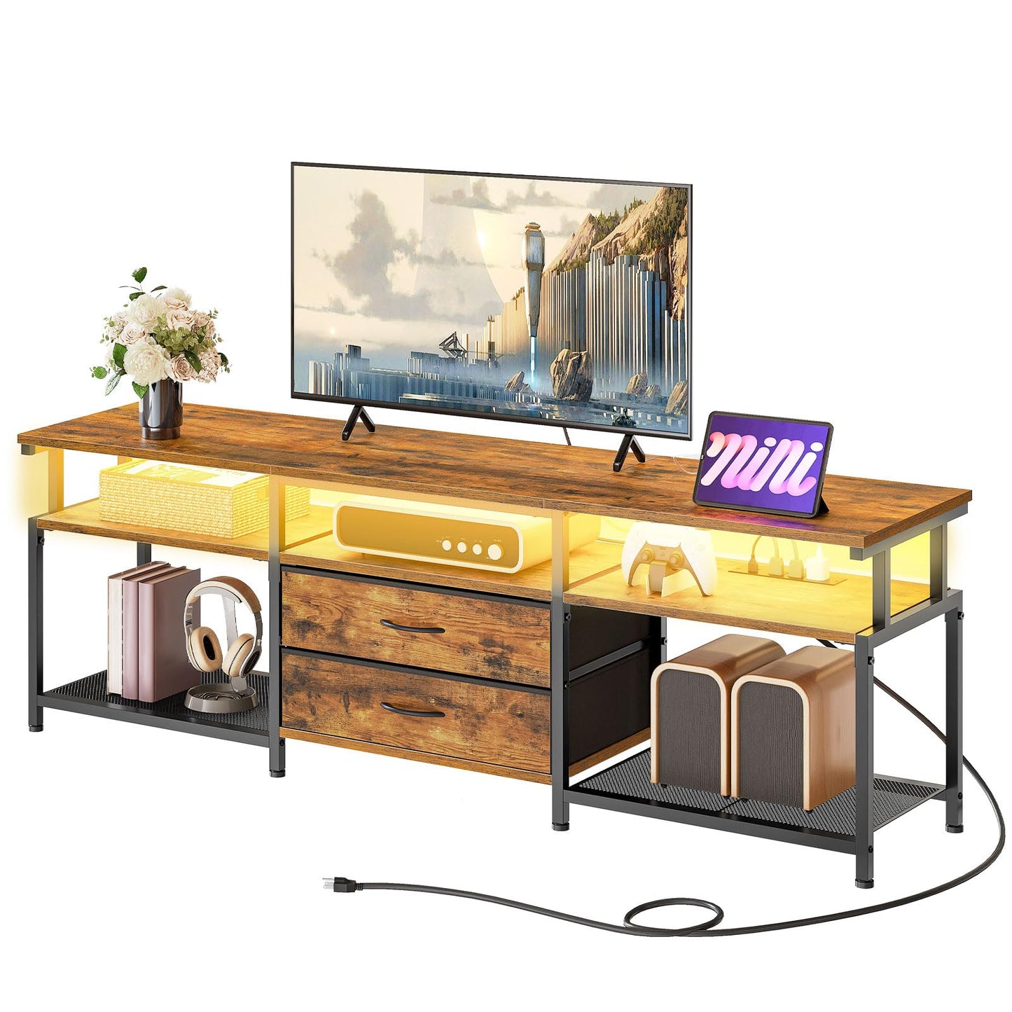 HOOBRO TV Stand with Power Outlet and LED Light, Entertainment Center for TVs Up to 75 Inch, Modern Media Console Table with 2 Non-Woven Drawers, for Living Room, Bedroom, Rustic Brown BF55UDDS01