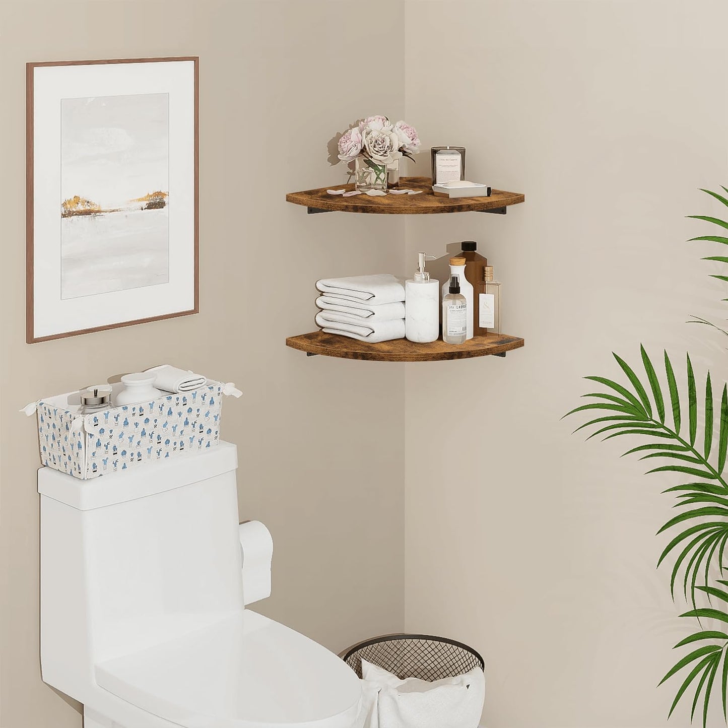 Homode Corner Shelf Wall Mount, 12 Inch Wood Floating Corner Shelves with Cord Hole, Set of 2 Large Corner Hanging Shelves for Bathroom Bedroom Kitchen, Rustic Brown