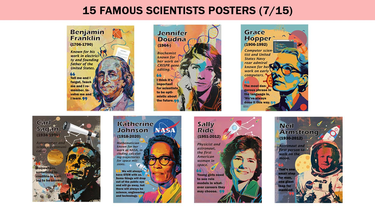 Magictodoor Science Classroom Decor Set: 15 Vibrant 11x14 Posters Featuring Notable Scientists for Middle School, Bulletin Boards, and Engaging Science Classrooms