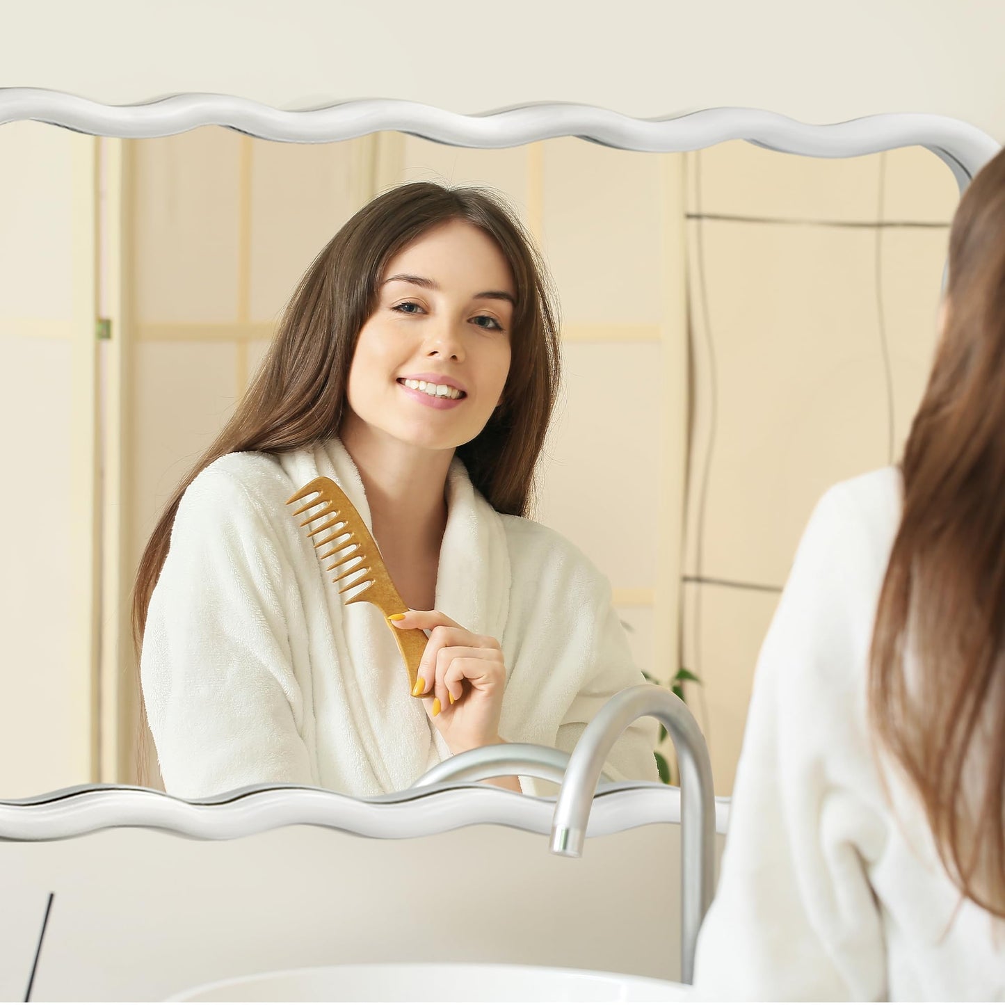 Dorlicecass White Wavy Mirror Solid Wood- Squiggly Mirror Vanity Modern Wall Decor for Bathroom, Bedroom, Living Room, Dining Room, Cloakroom, Entryway