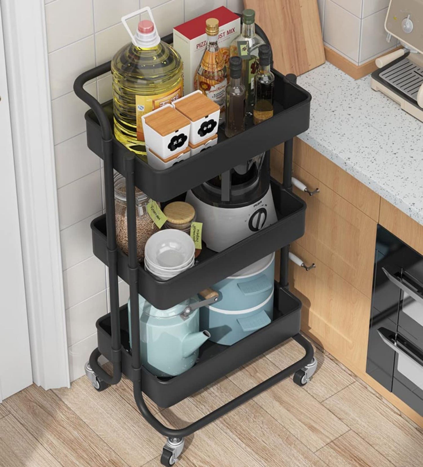 Sooyee 3 Tier Utility Cart,Rolling Cart with Handle and Lockable Wheels, Multi-Functional Storage Cart for Office, School,Living Room, Kitchen, Bathroom, Bedroom,Laundry,Black
