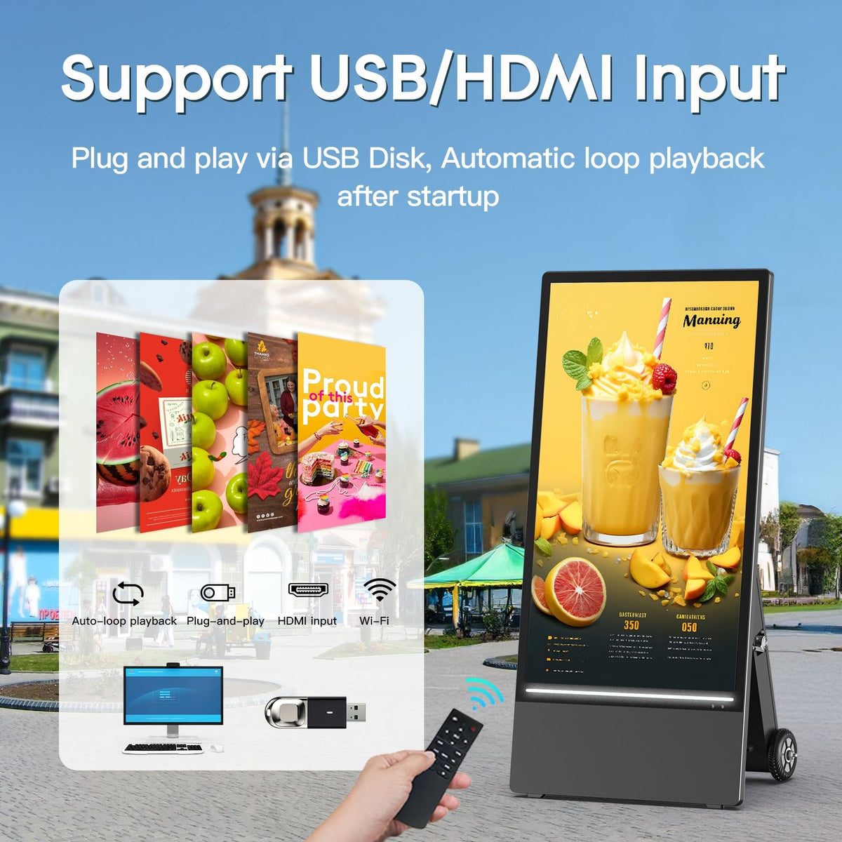 MWE 43 Inch Outdoor Digital Signage Display, Portable Battery Powered High Brightness Screen Advertising Display Kiosk, Movable Waterproof Digital Poster, Android Kiosk