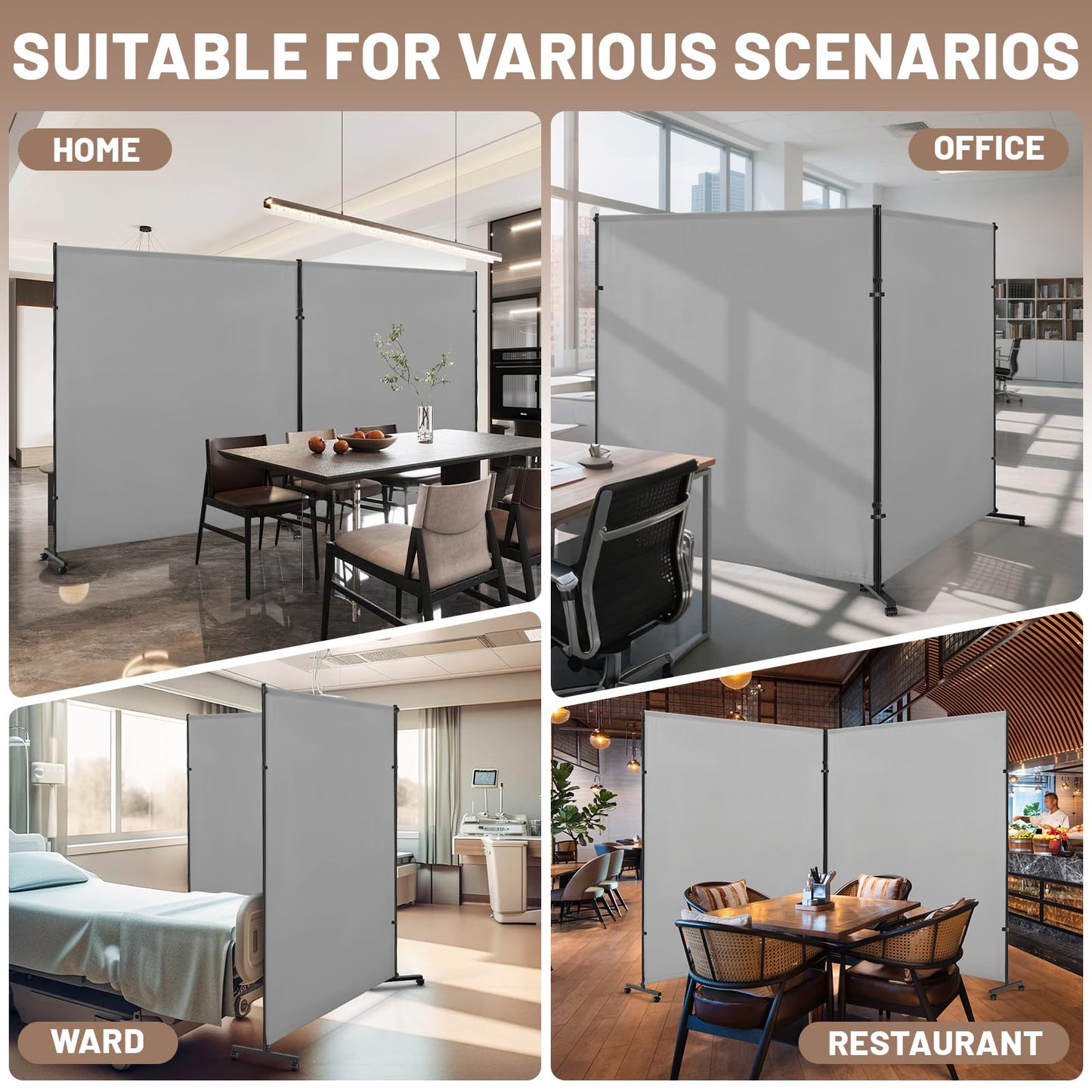 VAMFUTRE 2 Panels Room Divider/Privacy Screen with Caster Wheels and Brakes - Stylish and Versatile Partition for Home,Office,School and Restauran (Gray, 12FT*6FT)