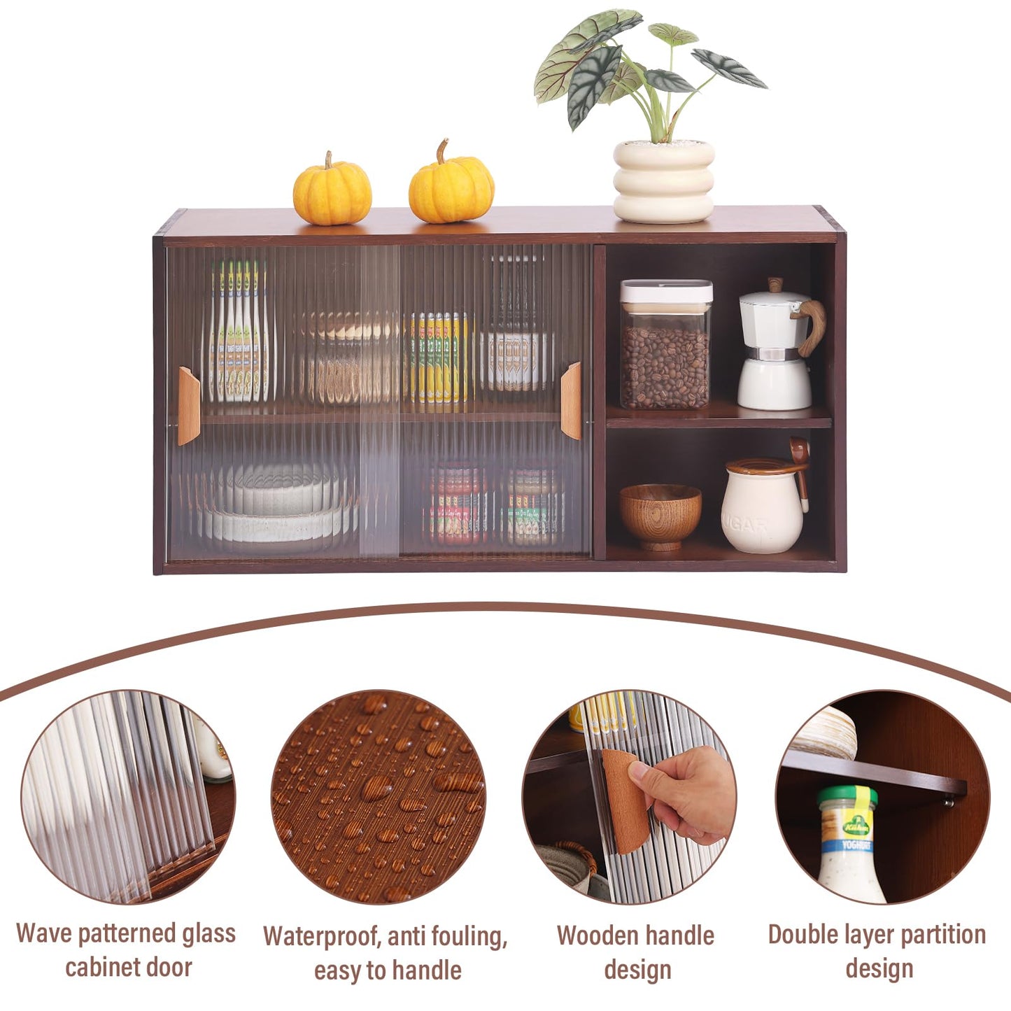 Tiita Small Kitchen Pantry Cabinet, Bamboo Wall Sideboard with Glass Doors, Cupboard Food Pantry Cabinet for Kitchen, Living Room and Dinning Bedroom