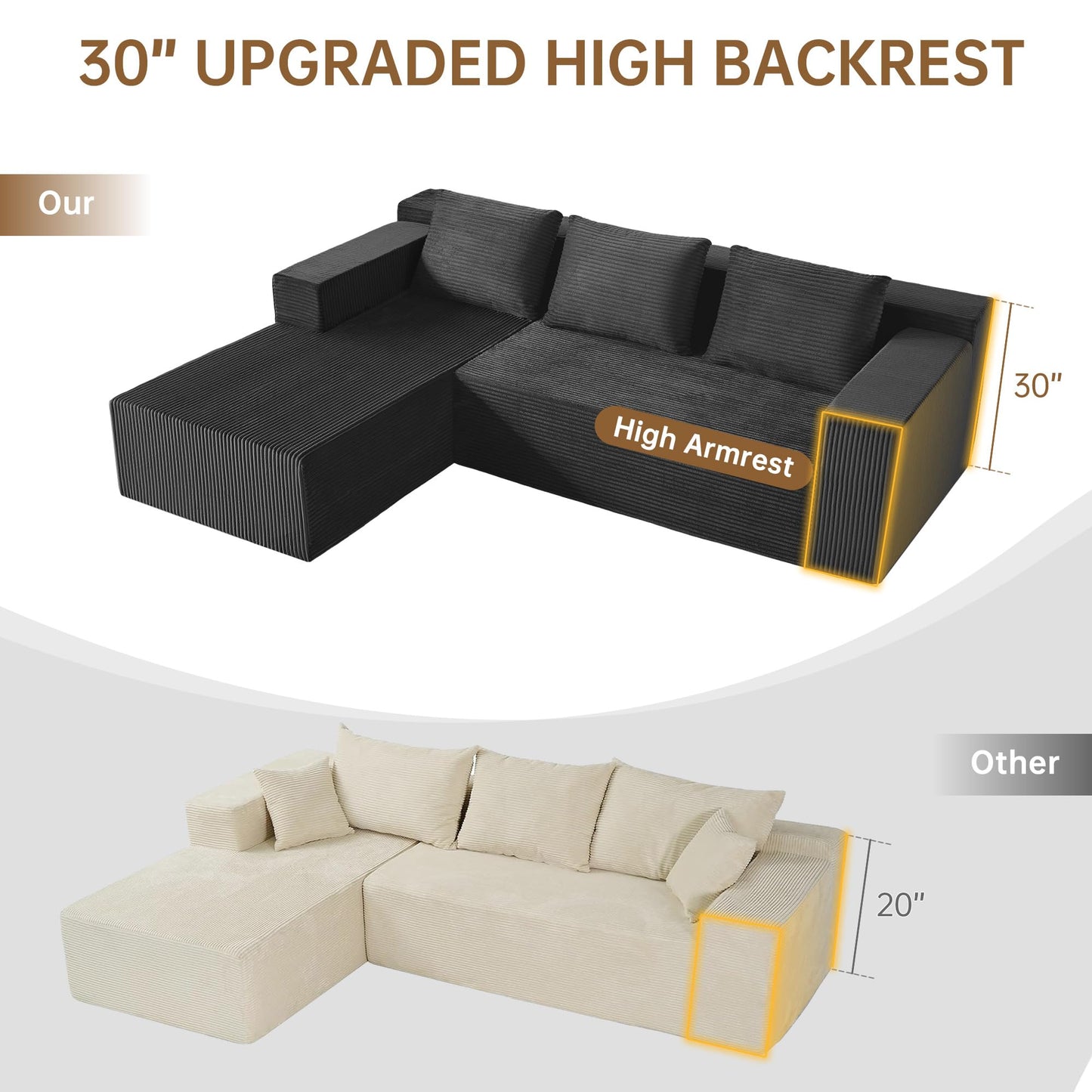 Nigoone 103" Boneless Corduroy Sectional Couch with Left Chaise, Modular L Shaped Couches for Living Room, Large Minimalist Modern Deep Seat Floor Sofa Set, No Assembly