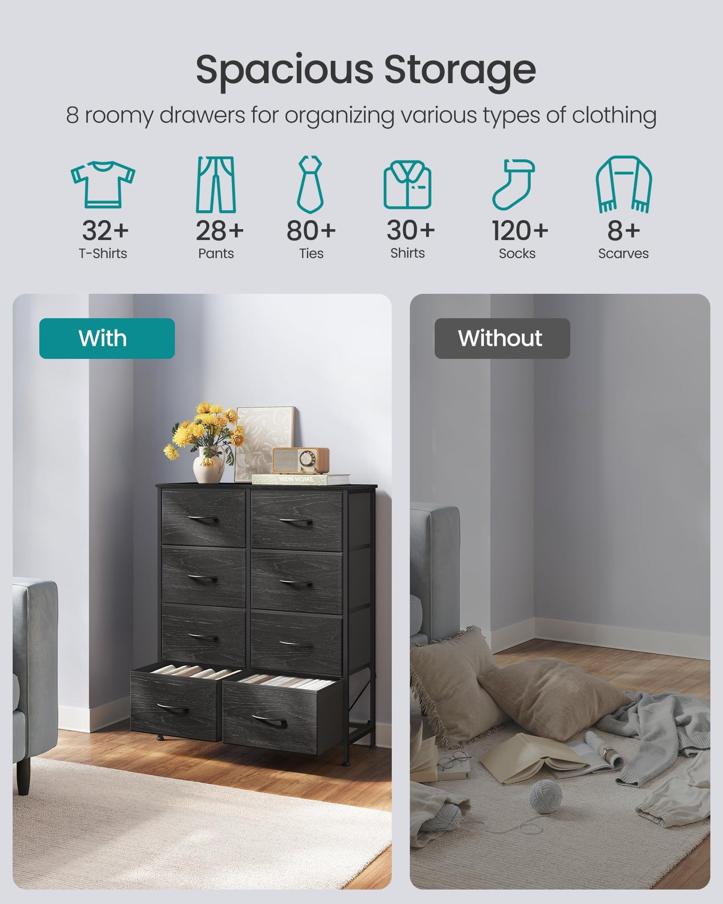 SONGMICS BELLAH Collection - Dresser for Bedroom, Chest of Drawers, Storage Organizer Unit, Closet, Entryway, Steel, 8 Drawers, Modern, Ebony Black ULGS124BE02S
