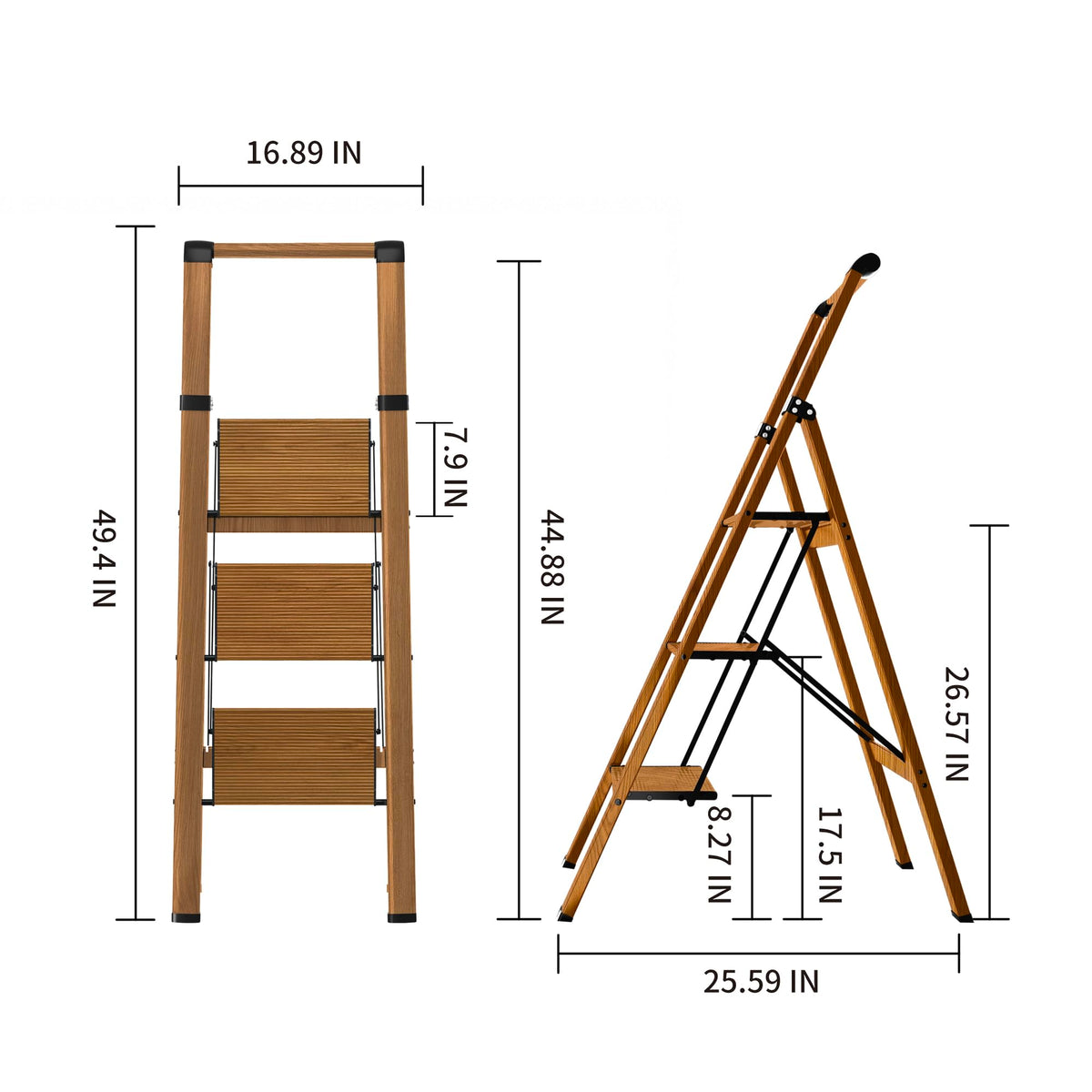 BEFITMACE 3 Step Ladder,Folding Step Stool with Aluminum Wide Pedal& Convenient Handgrip,330lbs Capacity Steel Ladder for Household and Office(Woodgrain)