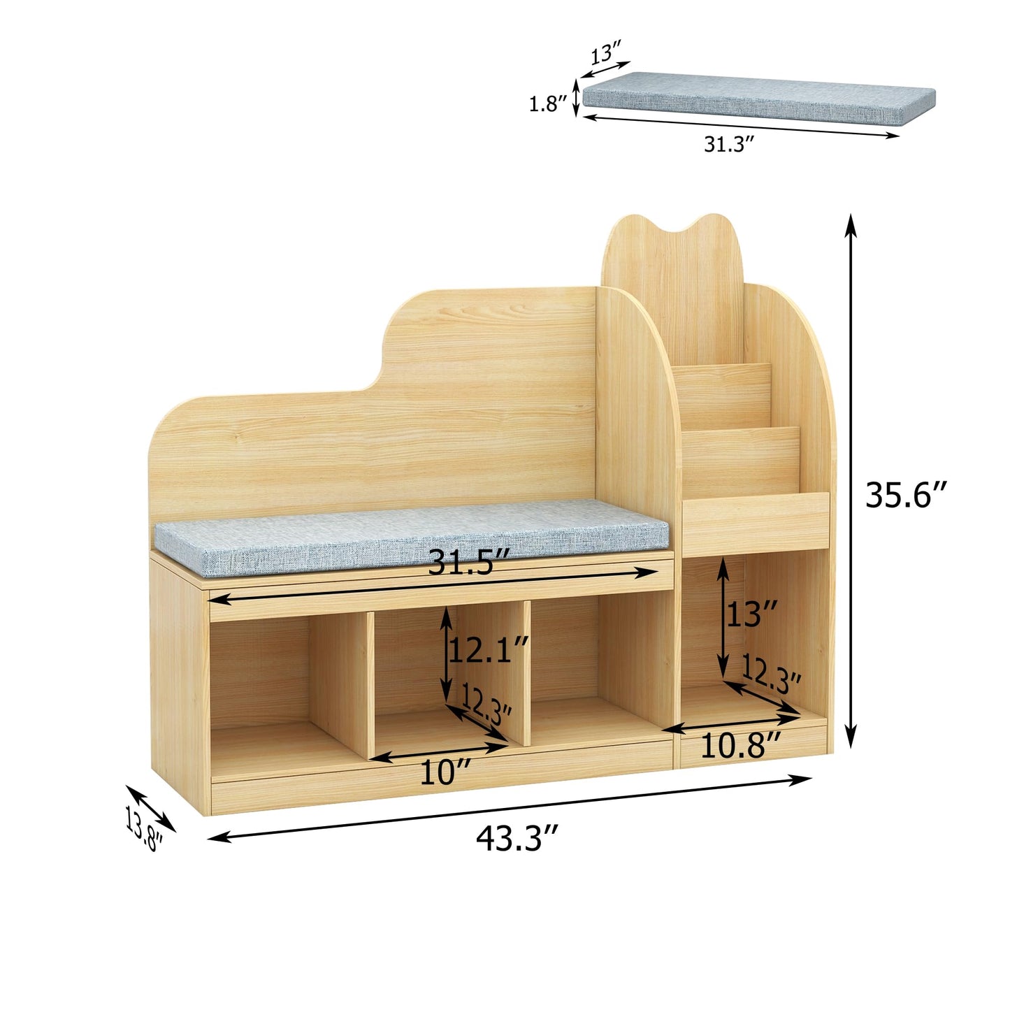 TaoHFE Kids Bench with Bookshelf & Toy Storage, Engineered Wood Toddler Reading Nook with Removable Cushion, Cubby Organizer & Bookcase for Playroom Bedroom Nursery