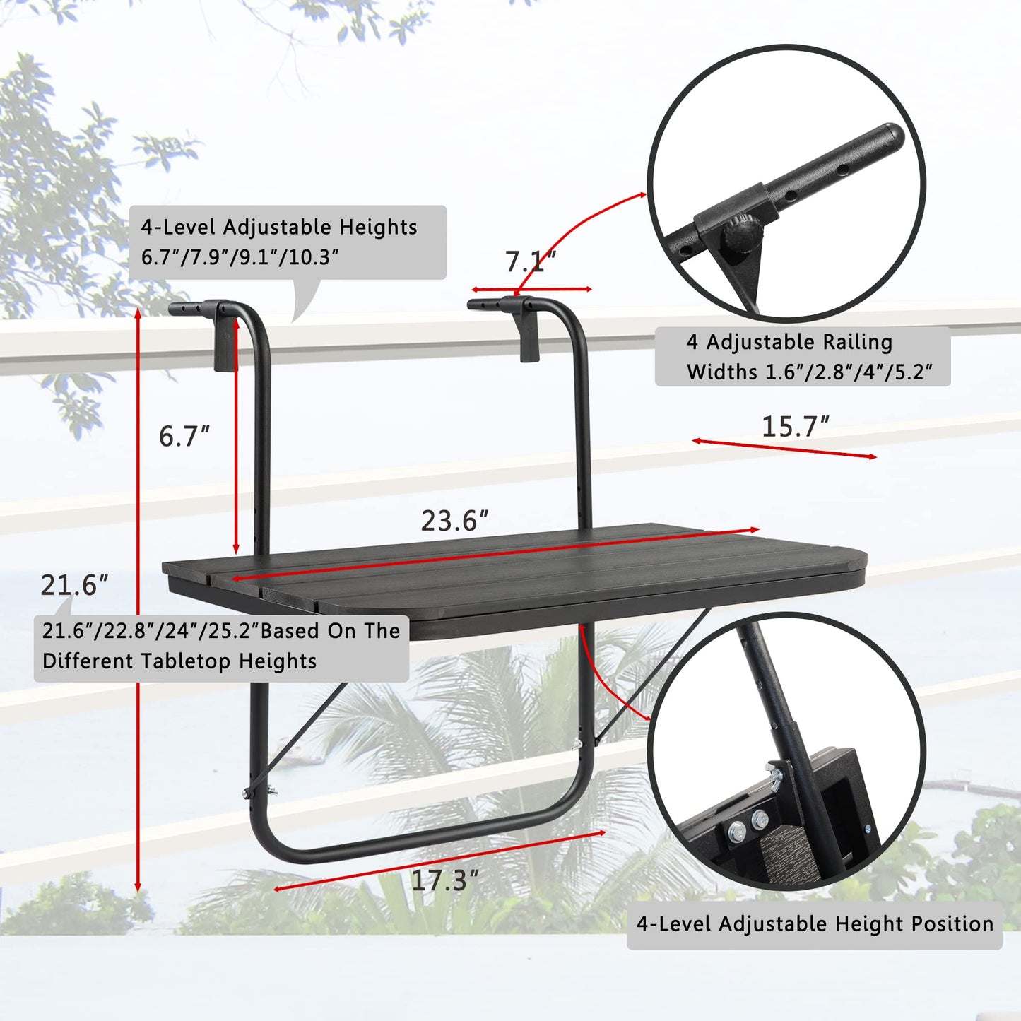 Balcony Table Hanging Deck Railing Table Outdoor Balcony Bar Tables for Railings Aluminium Folding Adjustable for Patio Deck Garden Baluster Windows 23.6" x 15.7", All Weather Space Saving Black