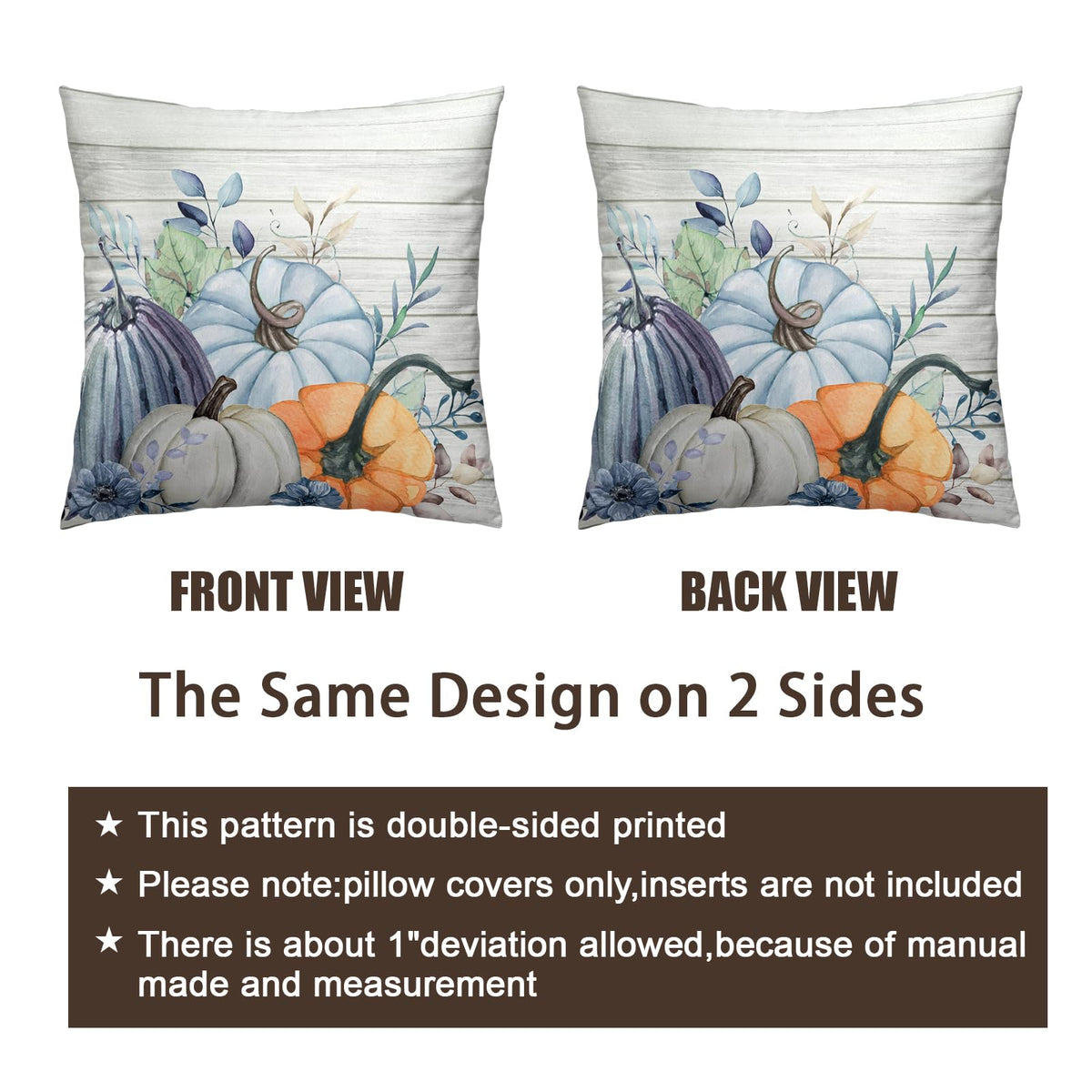Wnoesat Fall Blue Teal Throw Pillow Covers 16x16 Pumpkin Leaves Print Pillow Cases Set of 2 Thanksgiving Decorations Autumn Harvest Holiday Cushion Cover for Farmhouse Living Room Decor