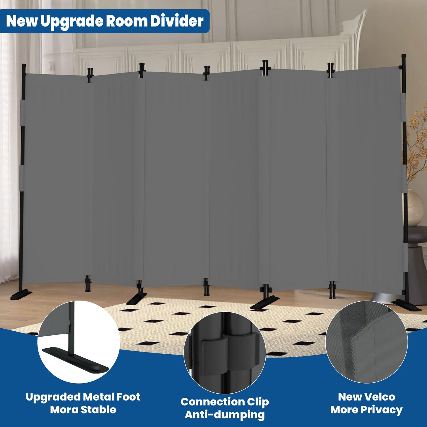Phonjoroo Room Divider, 6 Panel Upgraded Folding Privacy Screen, 132” Highly Secretive Separation with 4 Metal Feet, Partition Screen, Lightweight Freestanding Wall Divider Bedroom (Grey)