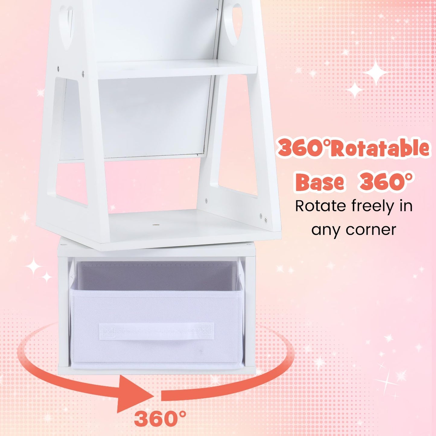 INFANS Kids Jewelry Armoire Cabinet, 360° Swivel Lockable Standing Makeup Organizer with Interior Lights, Rotatable Full-Length LED Vanity Mirror with Foldable Fabric Drawer for Girls
