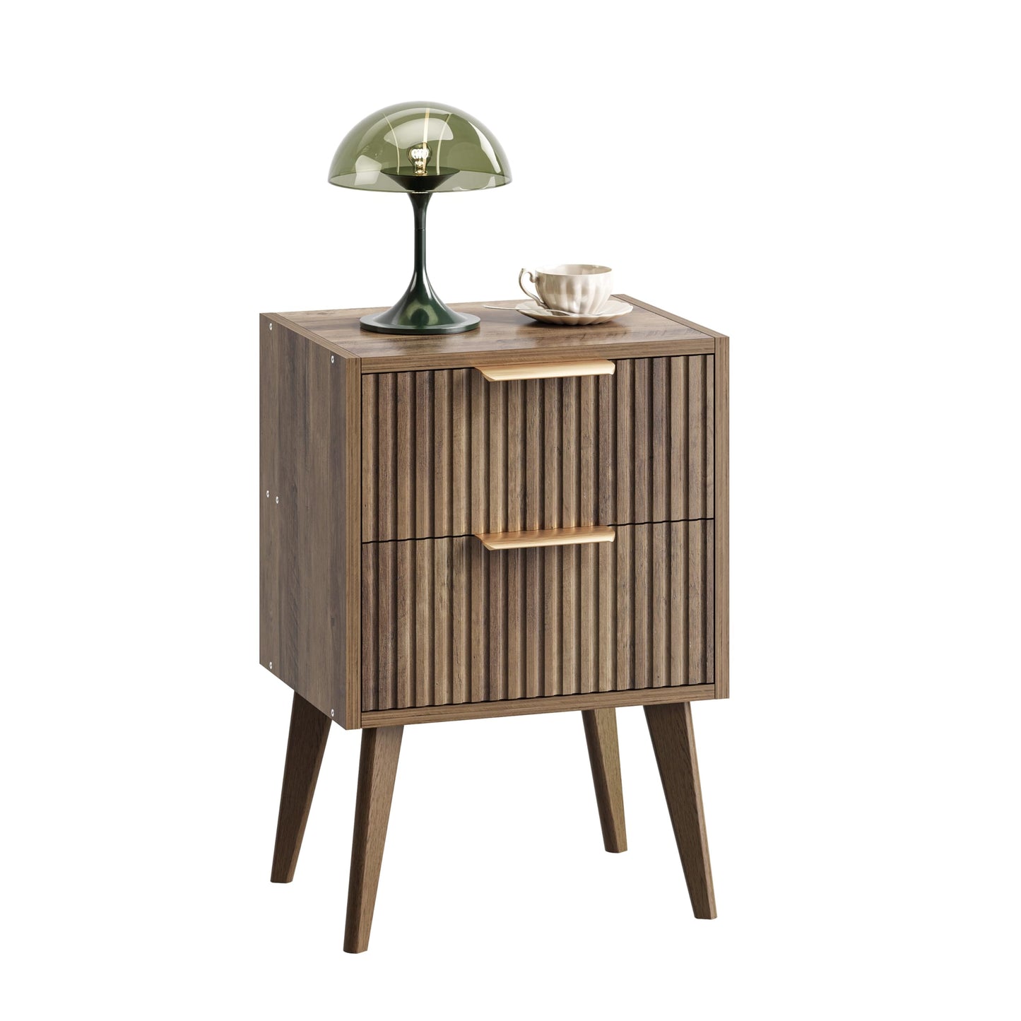 YAUKOMEL Mid Century Modern Nightstand,Small Bedside Table with 2 Drawers,Fluted Side Table,Walnut Brown End Table for Living Room,Bedroom,Small Space,Caramel Oak 11.8" D x 15.7" W x 22.8" H CTG55BR