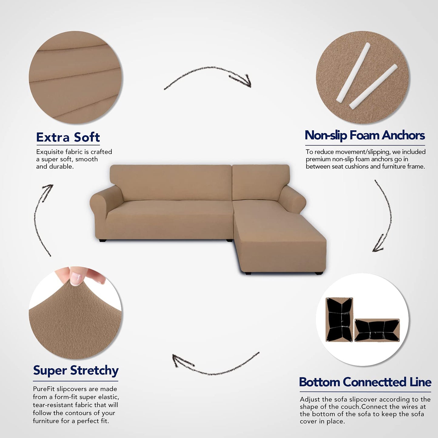 PureFit Super Stretch Sectional Couch Covers - 2 pcs Spandex Non Slip Sofa Covers with Elastic Bottom for L Shape Sectional Sofa Couch, Great for Kids & Pets (3 Seat Sofa + 3 Seat Chaise, Camel)