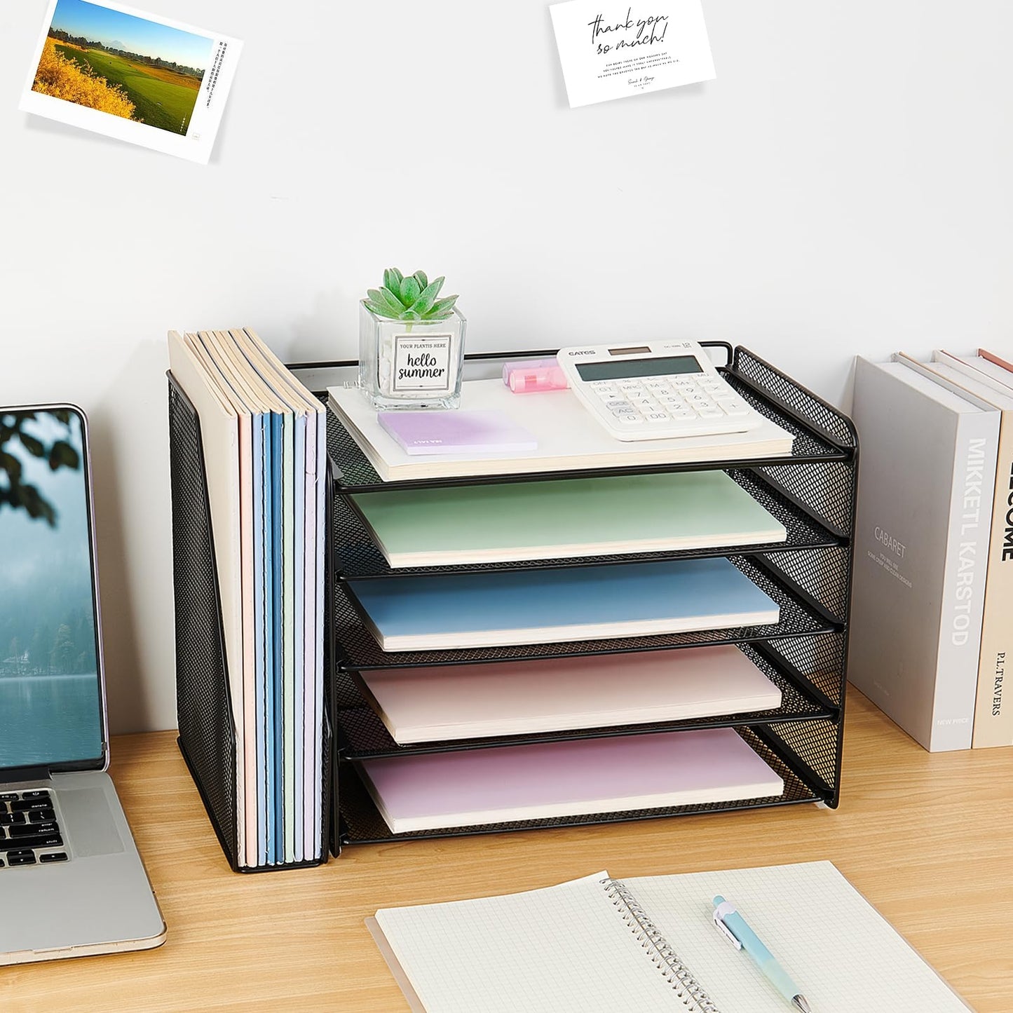 OPNICE Desk Organizers and Accessories, 5-Tier Paper Organizer Letter Tray with Magazine Holder, Office Desk Accessories & Workspace Organizers, Desktop File Organizer for Office Supplies, Black