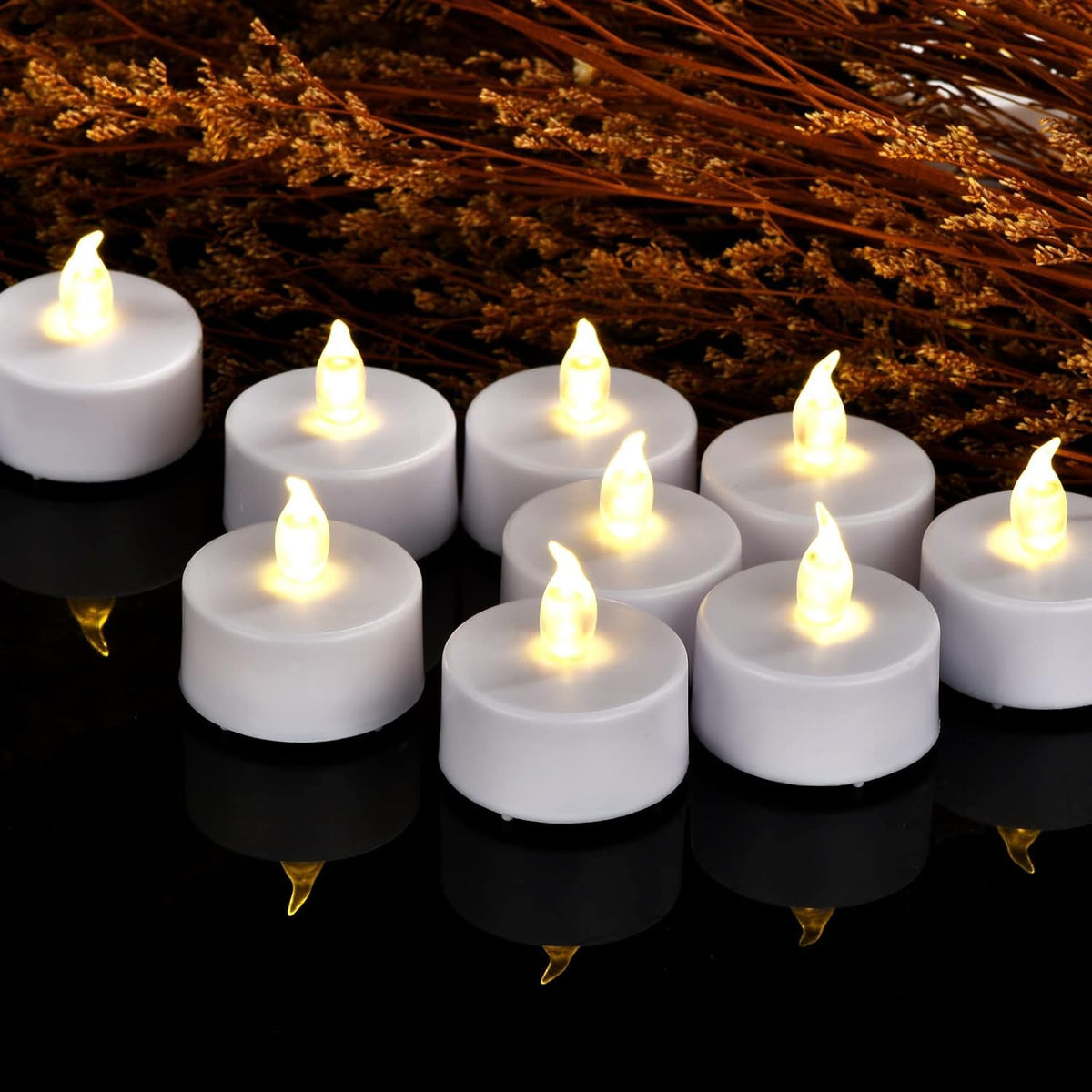 LED Tea Lights Flameless Candles: Battery Operated Bulk 50-Pack Realistic and Bright Flickering Long Lasting 200 Hours Electric Tealight Candles for Home Decor Halloween Christmas Wedding (White)