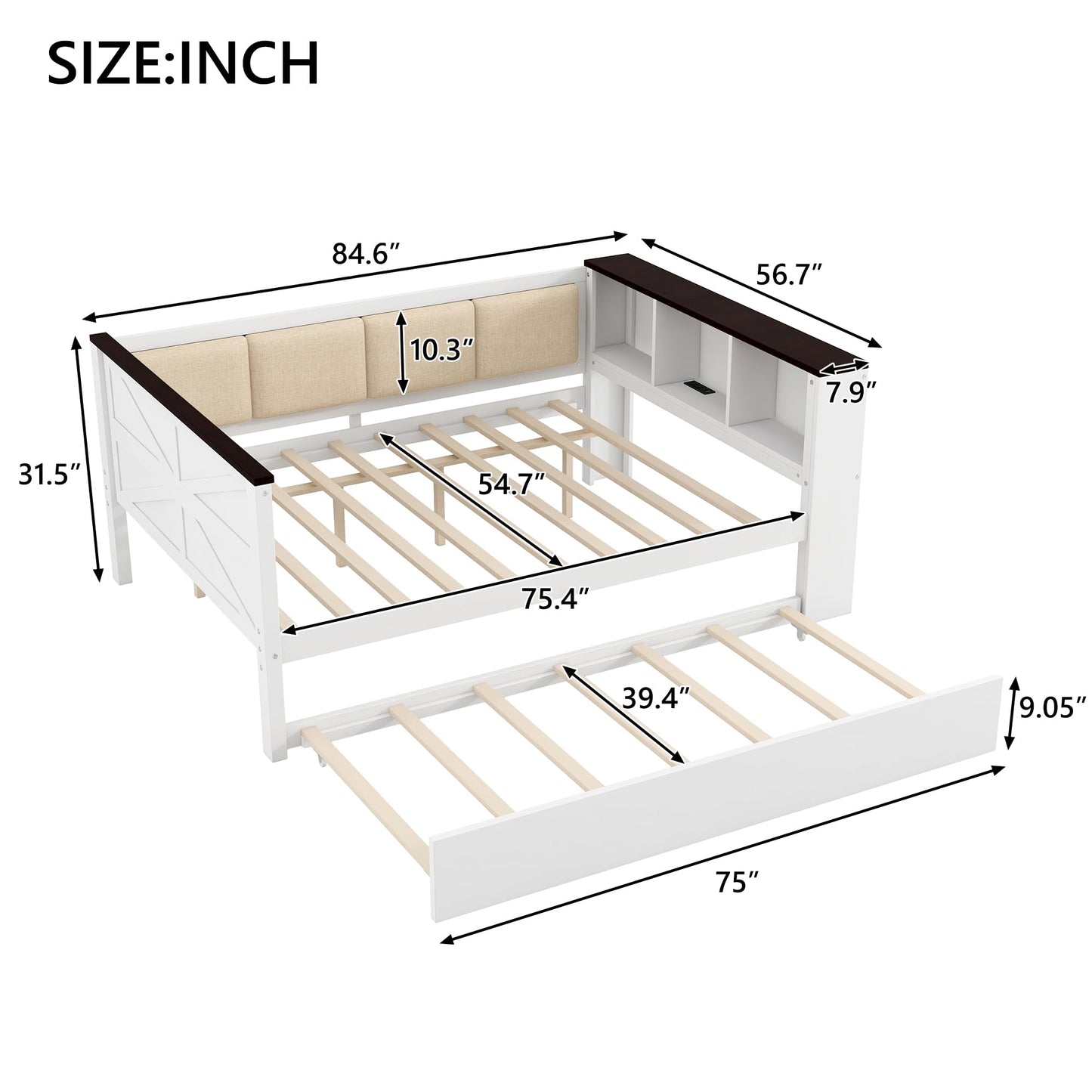 GVCXZBSS Full Size Wood Daybed with Storage Shelves, Upholstered Backrest,USB and Trundle, White