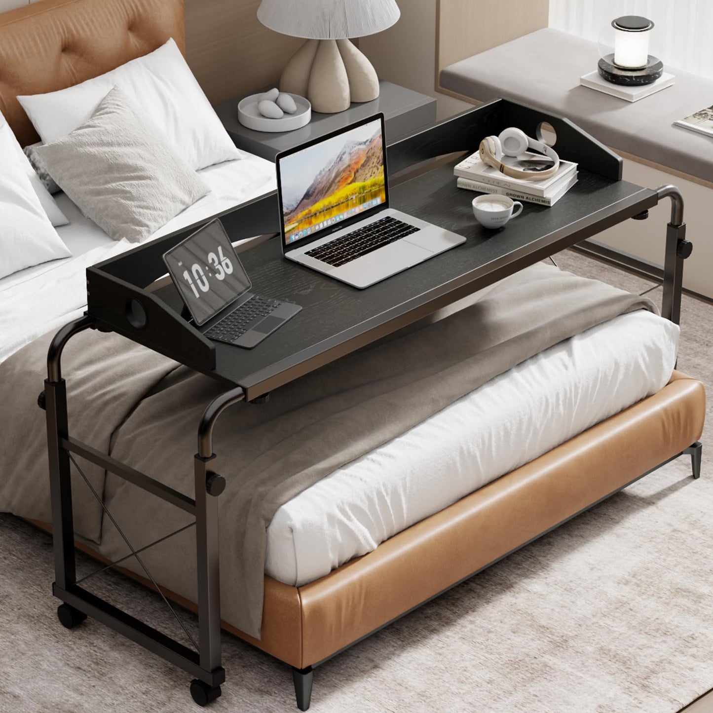 BYMECOST Laptop Desk for Bed, Adjustable Height & Length Laptop Bed Table,Overbed Table with Wheels for Queen Size Beds,Rolling Standing Desk,Over Bed Desk for Working Reading Eating