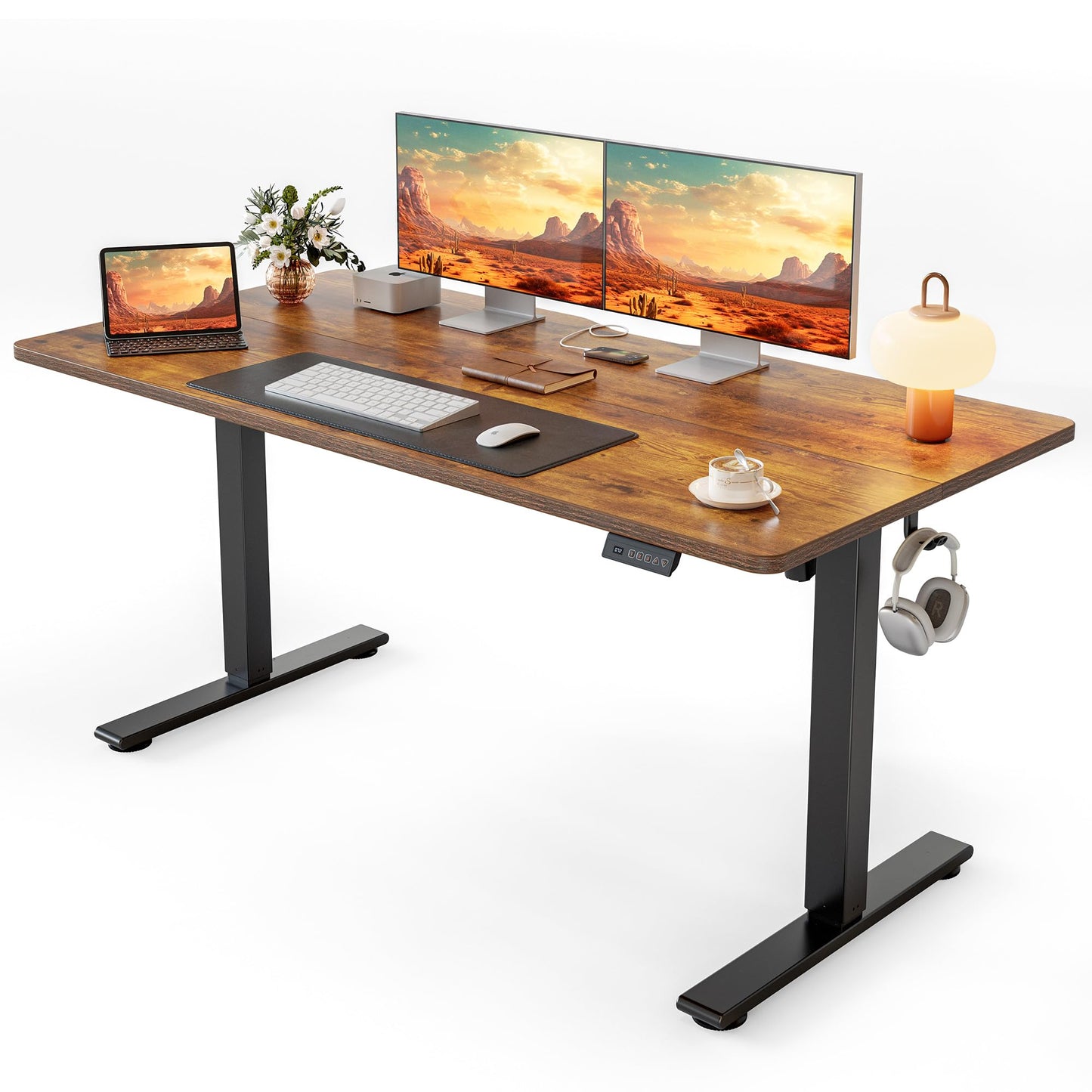 Cubiker Standing Desk, 55x28 Inches Sit Stand Home Office Desk, Electric Stand up Desk, Adjustable Desk with Splice Board, Black Frame/Rustic Brown Top