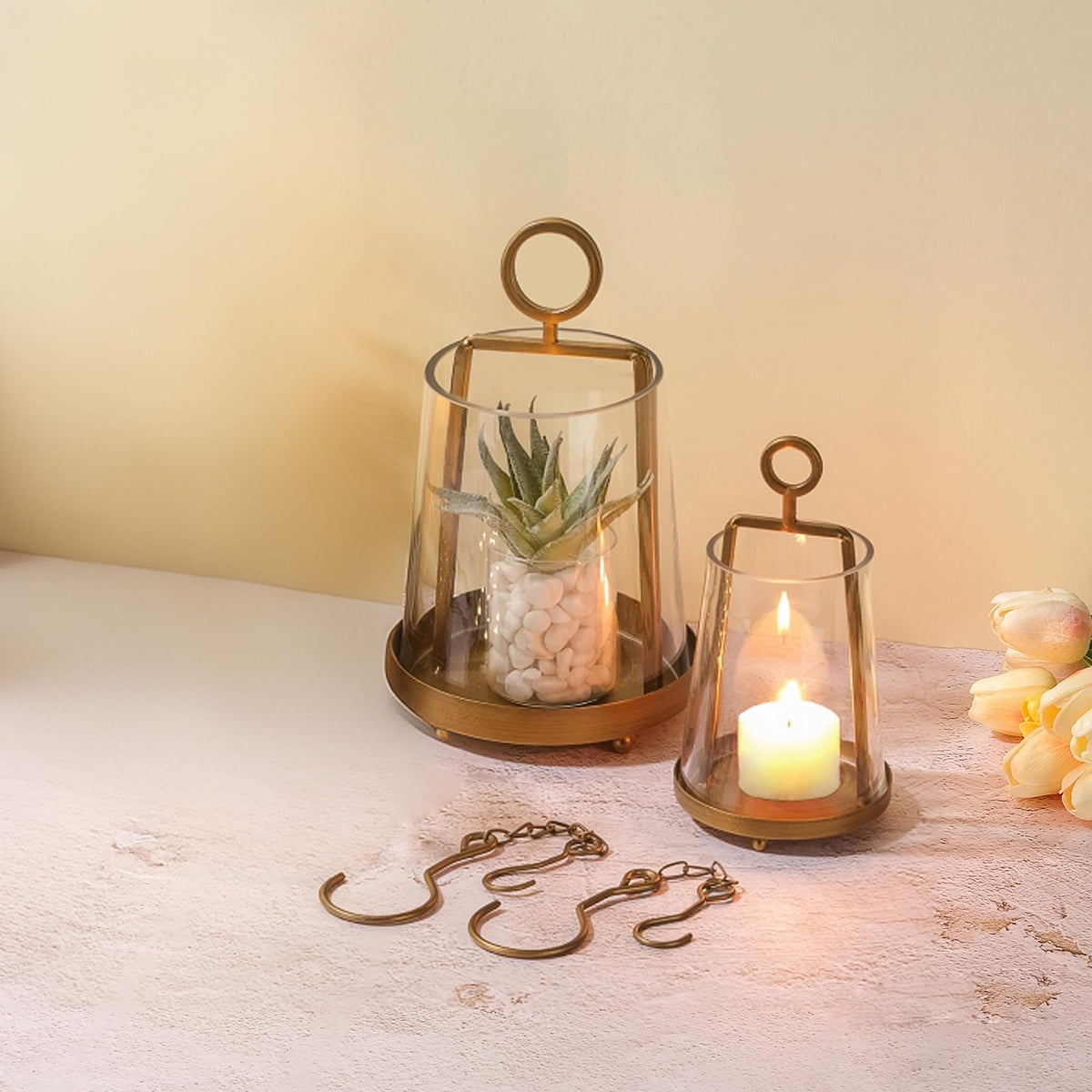 Twakutwaku 6" & 4" Wide Modern Farmhouse Metal Hurricane Candle Holder with Handmade Sturdy Glass Sleeve in Antique Brass for Pillar Candle & Plants, Glass Hurricane Lantern, Industrial, Minimalistic