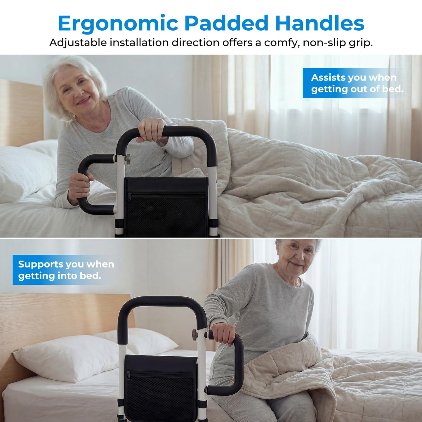 Bed Rails for Elderly Adults Safety, ASTM Certified Bed Rail for Seniors with Motion Sensor Light, Non-Slip Handle & Storage Bag, Height Adjustable Bed Assist Bar with 400LBS Support, Dark Black