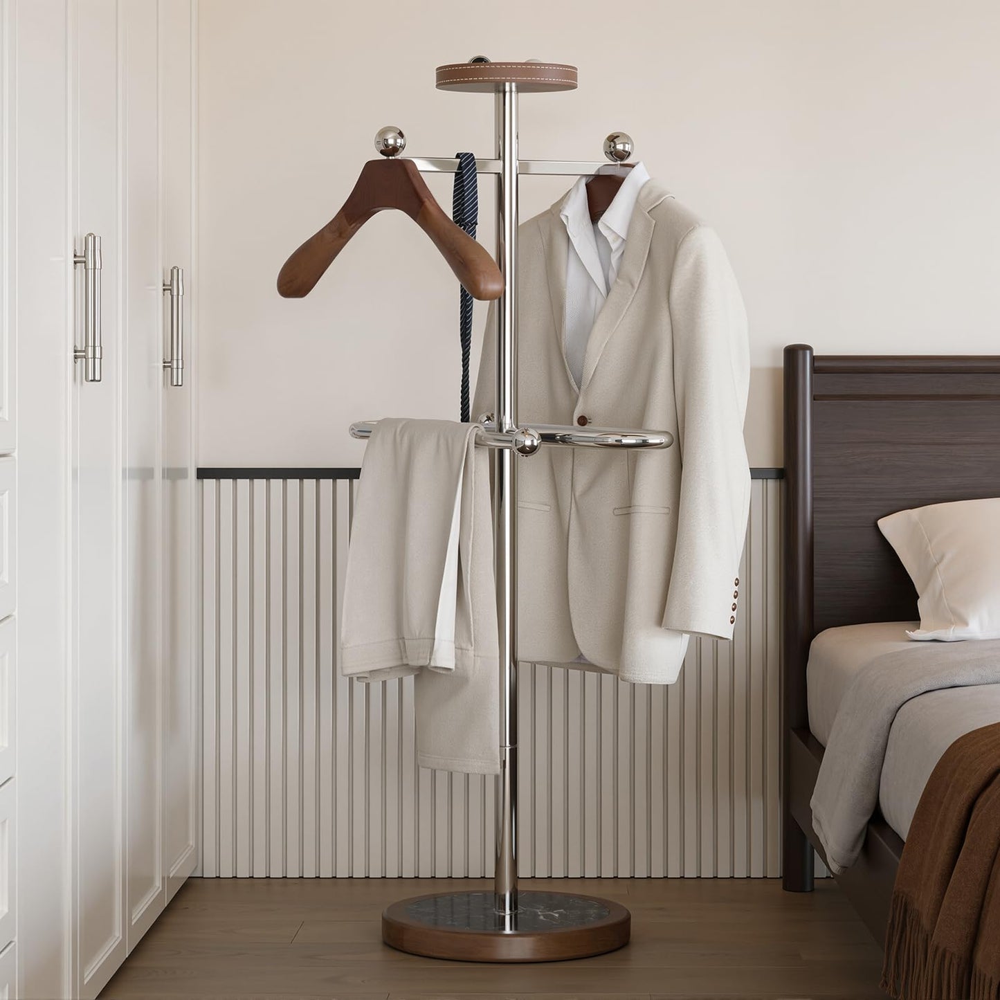 MLAVUDM Suit Valet Stand with Marble Base, Freestanding Men’s Clothing Organizer with 2 Wooden Hangers, Storage Tray, Stainless Steel Frame, for Bedroom, Office, Entryway (12.6" x 54.3")