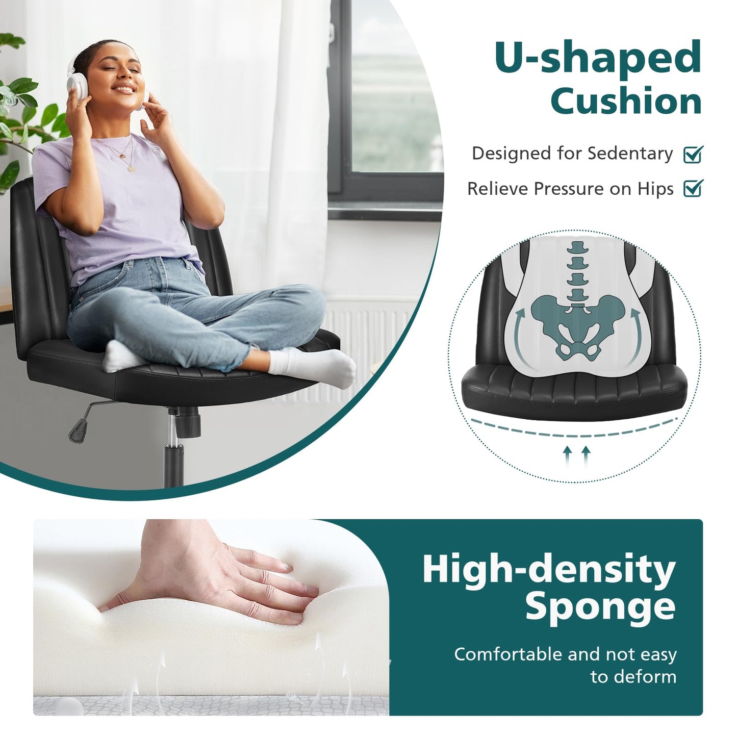 OLIXIS Criss Cross Legged Chairs No Wheels, Wide Seat Height Adjustable Swivel Chair,Padded PU Leather Armless Desk Chair for Home Office Bedroom, Student, Study Room,Black-Pu