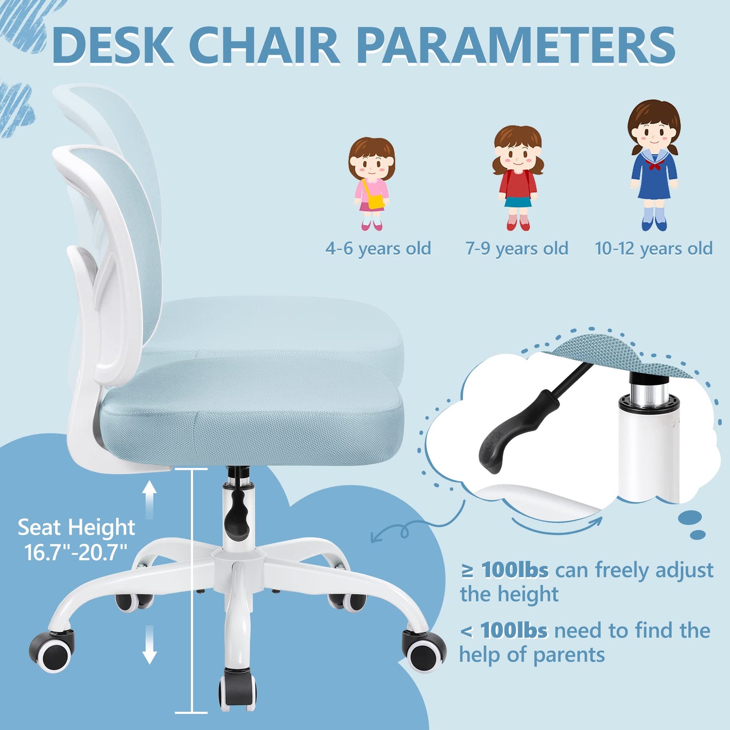 Primy Kids Desk Chair, Pink Study Chair for Boys Girls with Height Adjustable, Swivel Mesh Task Student Chairs for 4-12, Growing Teen Office Chair for Home/School/Office(Light Blue)