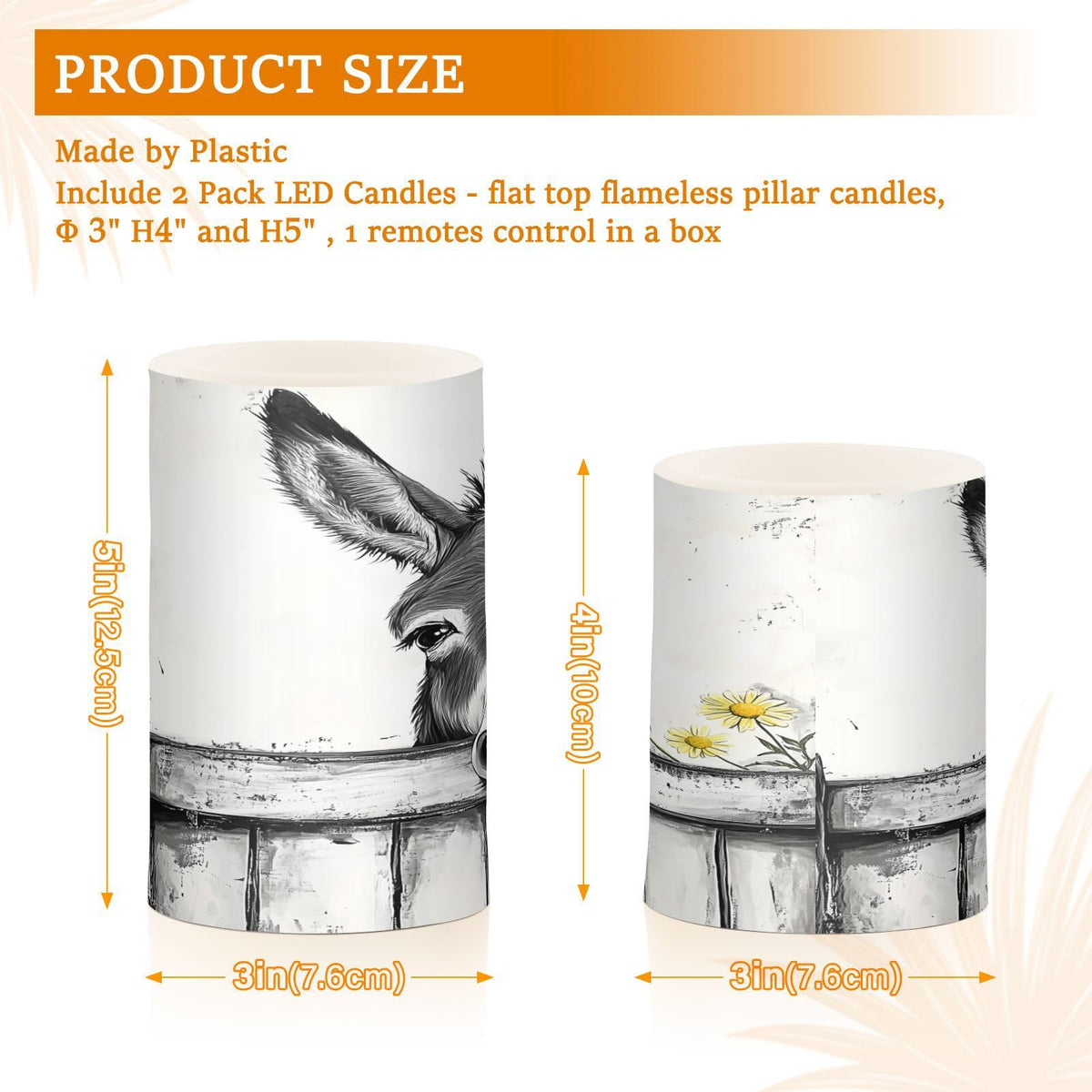 Black White Donkey Flowers Wooden Flickering Flameless Candles LED Battery Operated with Remote Timer Pillar Candles for Home Birthday Wedding Christmas Decor, Set of 2