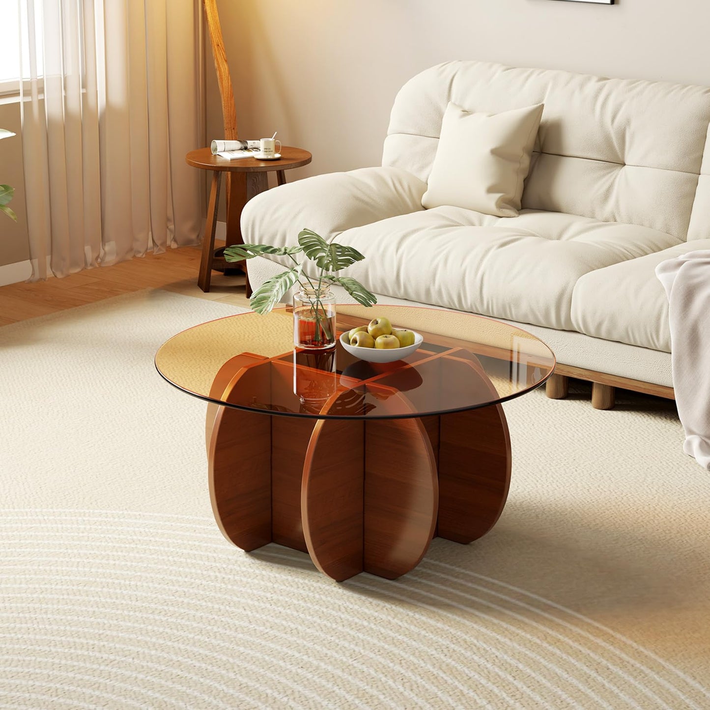JCAJCA Coffee Table for Living Room Mid Century Modern Round Center Table with Glass Top and Wood, Walnut Brown