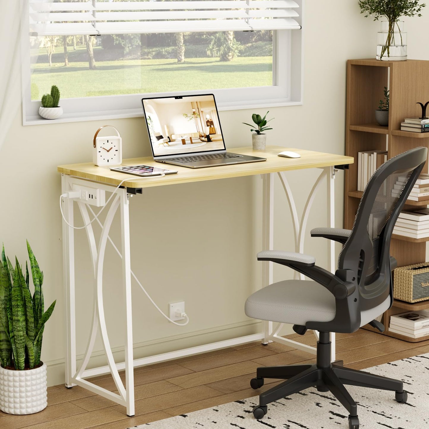 coeztt Mini Desk, 31.5" Small Desk for Bedroom with Power Outlet, Foldable Desks for Small Spaces & Home Office, Easy Assembly, Beige Floor Patten