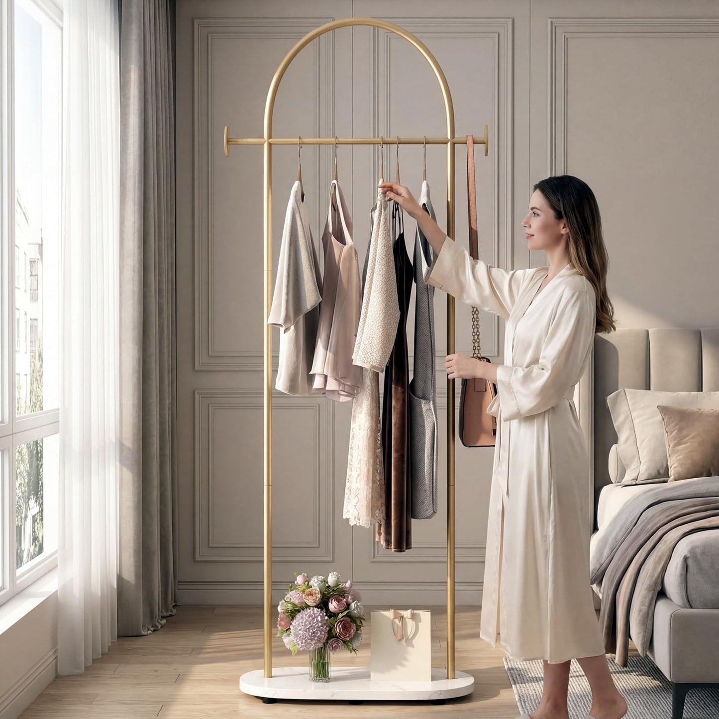 KADIGANG Gold Clothing Rack, Modern Clothes Rack with Shelf, Heavy Duty Freestanding Coat Rack, Metal Coat Hanger Stand with Hooks for Boutique Office
