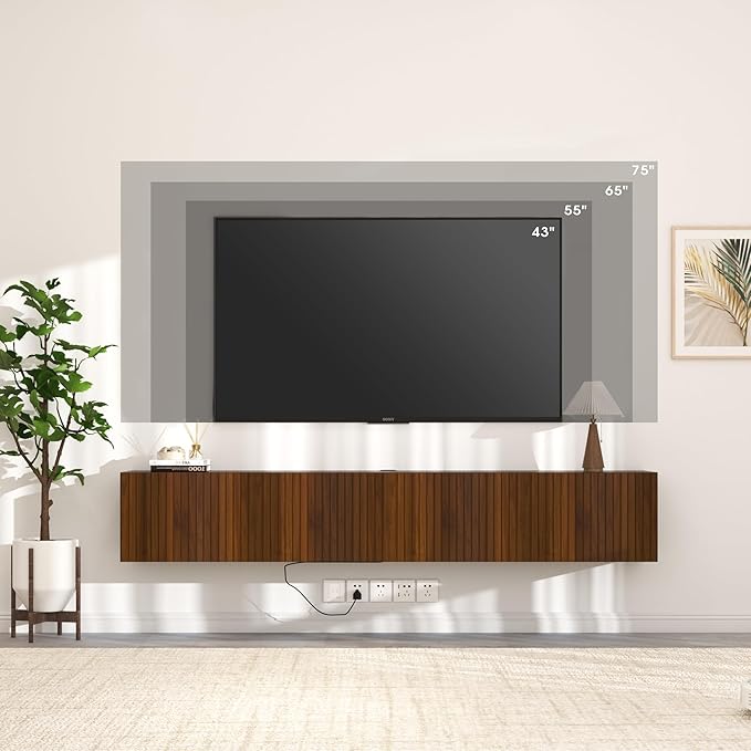 71” Floating TV Stand with LED Lights & Charging Station, Wall Mounted