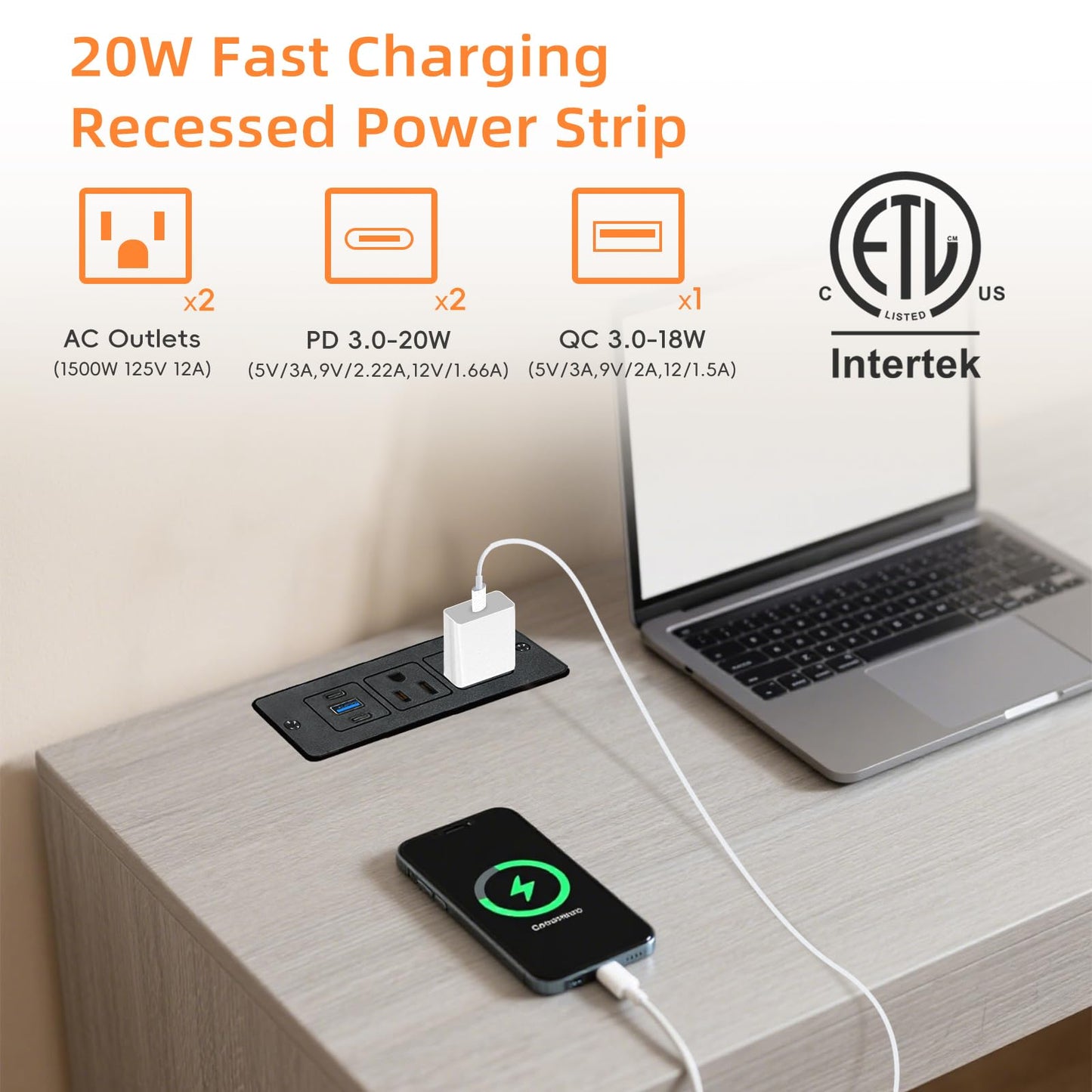 Havorbit Recessed Power Strip USB, 20W Fast Charging Furniture Outlet - 2 AC & 3 USB (2 USB-C + 1 USB-A) for Desk, Bedside, Drawer, Conference Table - Space-Saving, Easy Install, 6FT Cord, Black