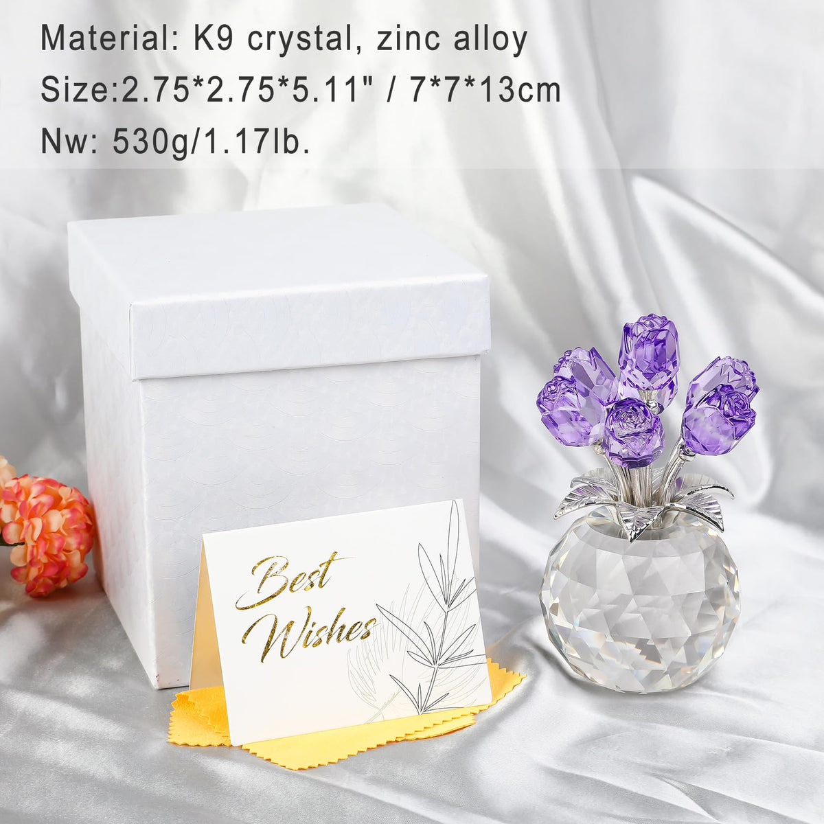 Crystal Rose Figurines Gifts for Women Valentine's Day, Glass Floral Ornament for Mother's Day Birthday Christmas Amethyst Collectible Rose Flowers Anniversary Floral Presents for Her (Purple)