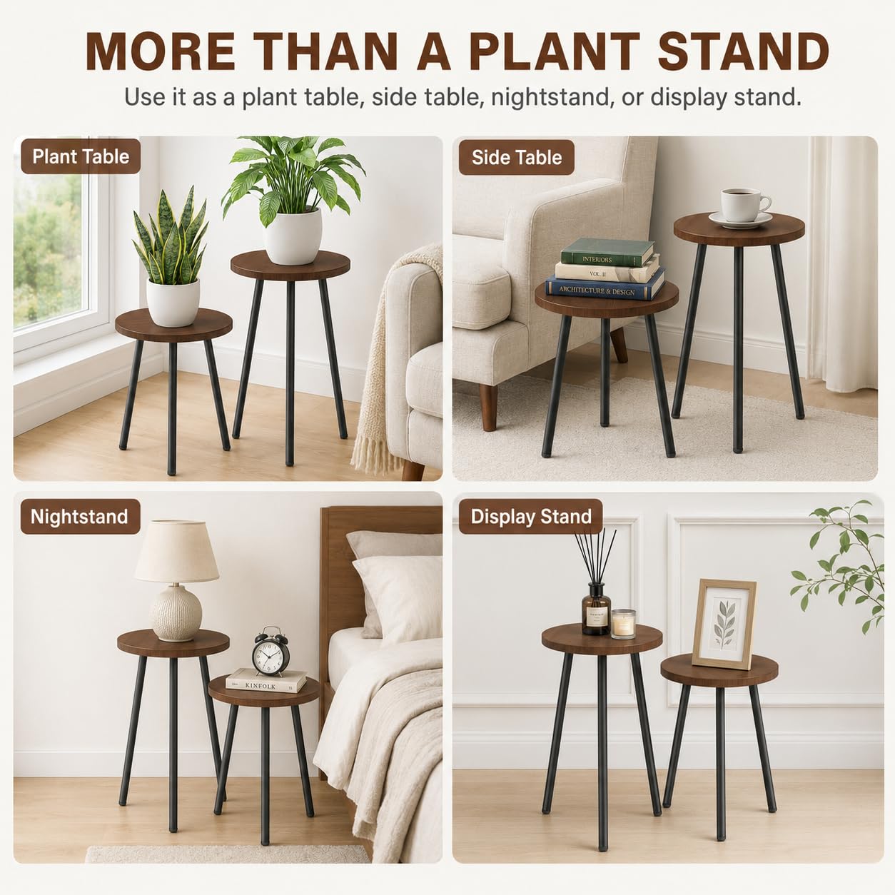 SAKSUN 2 Pack Plant Stand Set: Small Round Plants Stand Indoor Wood Grain Plant Tables with Metal Legs - Indoor Outdoor Plant Stands for Living Room, Bedroom, Patio, Balcony, Brown, 150 lbs Capacity