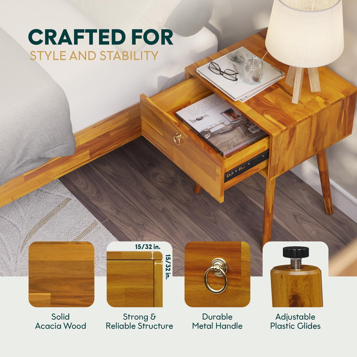 Bme Alden Solid Wood Nightstand/Side Table/End Table, Fully Assembled, with 1-Drawer for Mid Century Bedroom and Living Room, (12mm), Caramel
