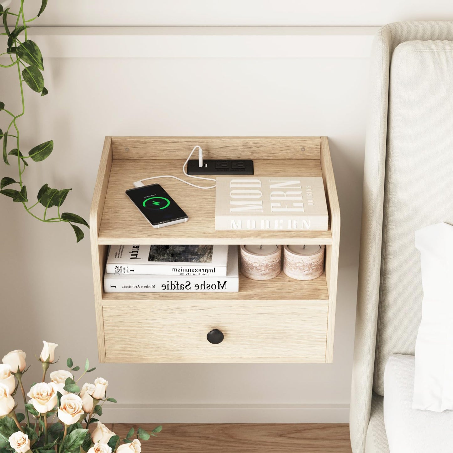 Floating Nightstand Set of 2 Modern Night Stands with Drawer and Open Shelf Cubby Small Bedside End Table with Charging Station Wall Mounted Nightstands Set 2 for Bedroom Natural