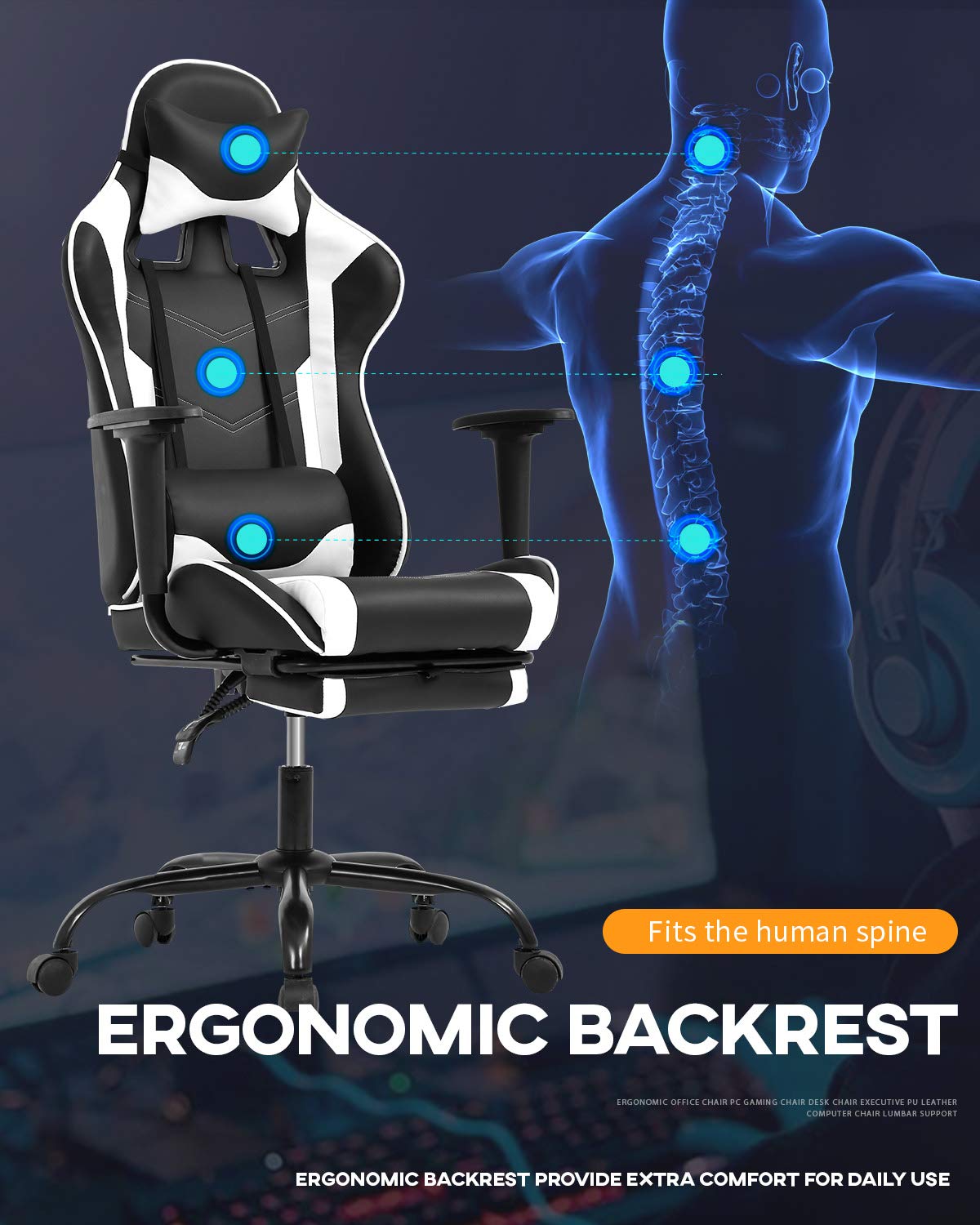 BestOffice Ergonomic PC Racing Gaming Chair Cheap Office Desk Chair PU Leather Computer Chair Lumbar Support with Footrest Modern Task Rolling Swivel Chair for Women, Men(White)