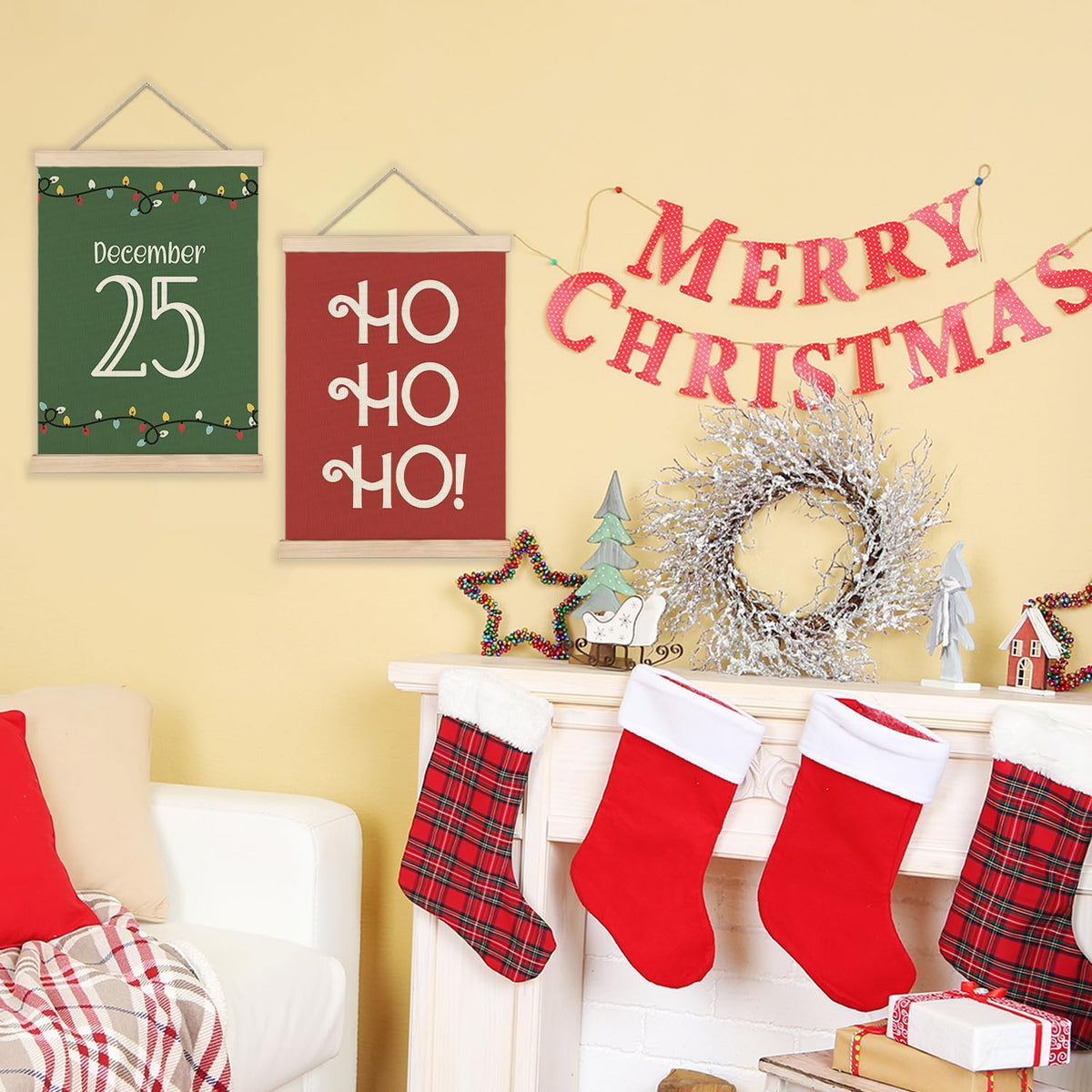 LUVADIAN Christmas Wall Decor, Hohoho Christmas Lights Wall Art With Wooden Poster Hanger, Christmas Wall Decoration, Red and Green Christmas Wall Decor for Home Office, 12x16 Inch Set of 2
